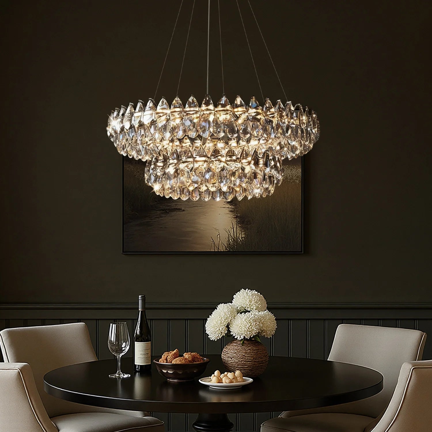 Chandelier Crystal Double Ring 32.3 in LED Chrome Dining Room Living Room Ceiling Light Fixture Modern Adjustable Hanging | Thomler