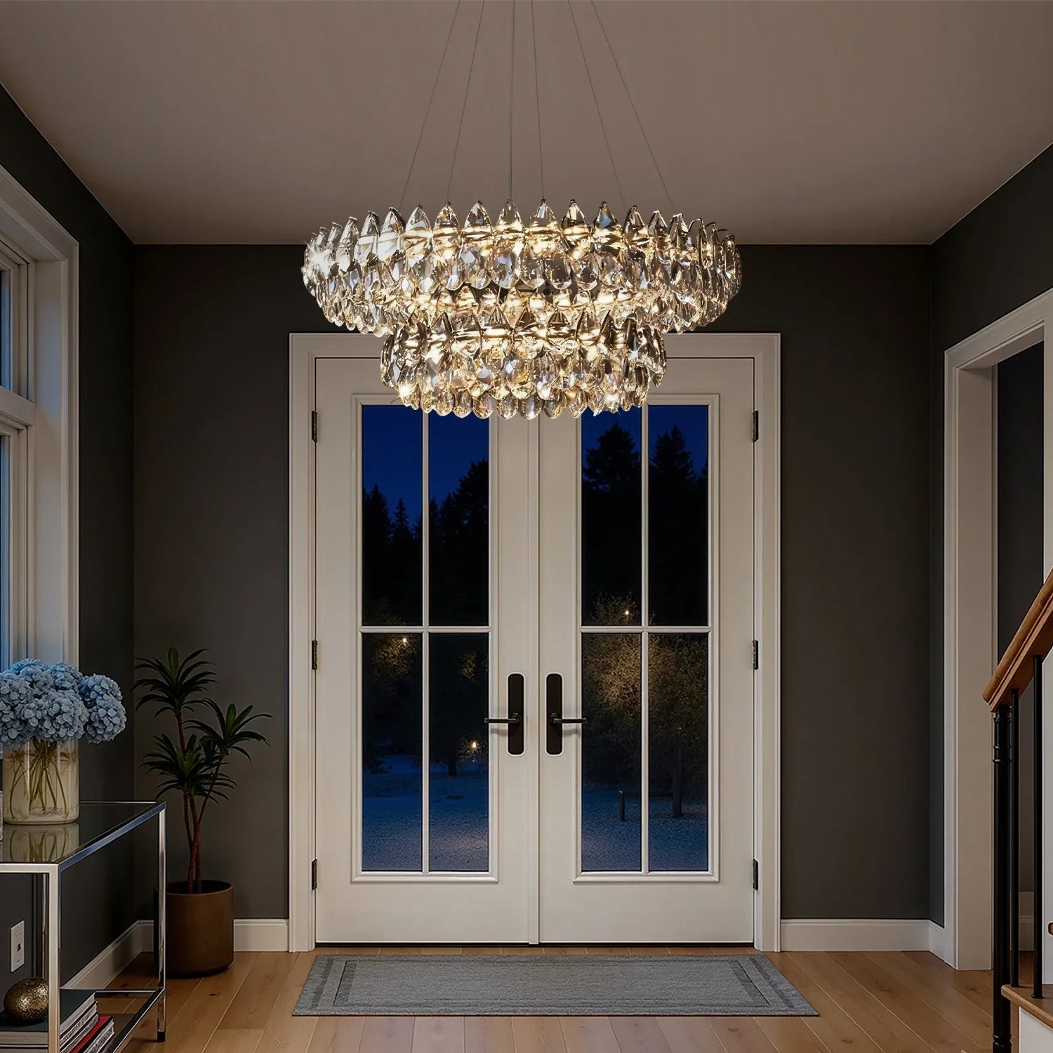 Chandelier Crystal Double Ring 82.0 cm Chrome Living Room Dining Room LED Water Drop Ceiling Light Adjustable Hanging Fixture | Thomler