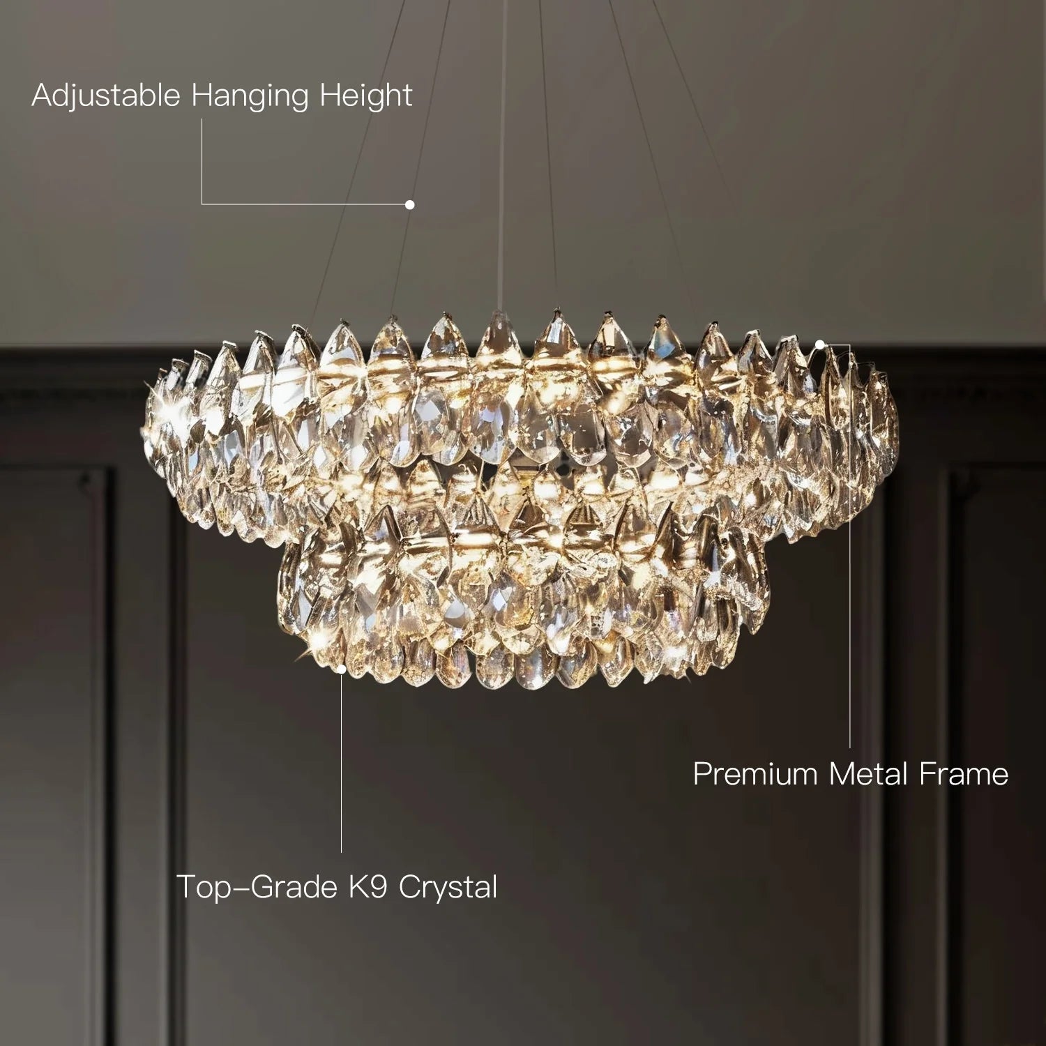 Chandelier Crystal Double Ring 32.3 in LED Chrome Dining Room Living Room Ceiling Light Fixture Modern Adjustable Hanging | Thomler