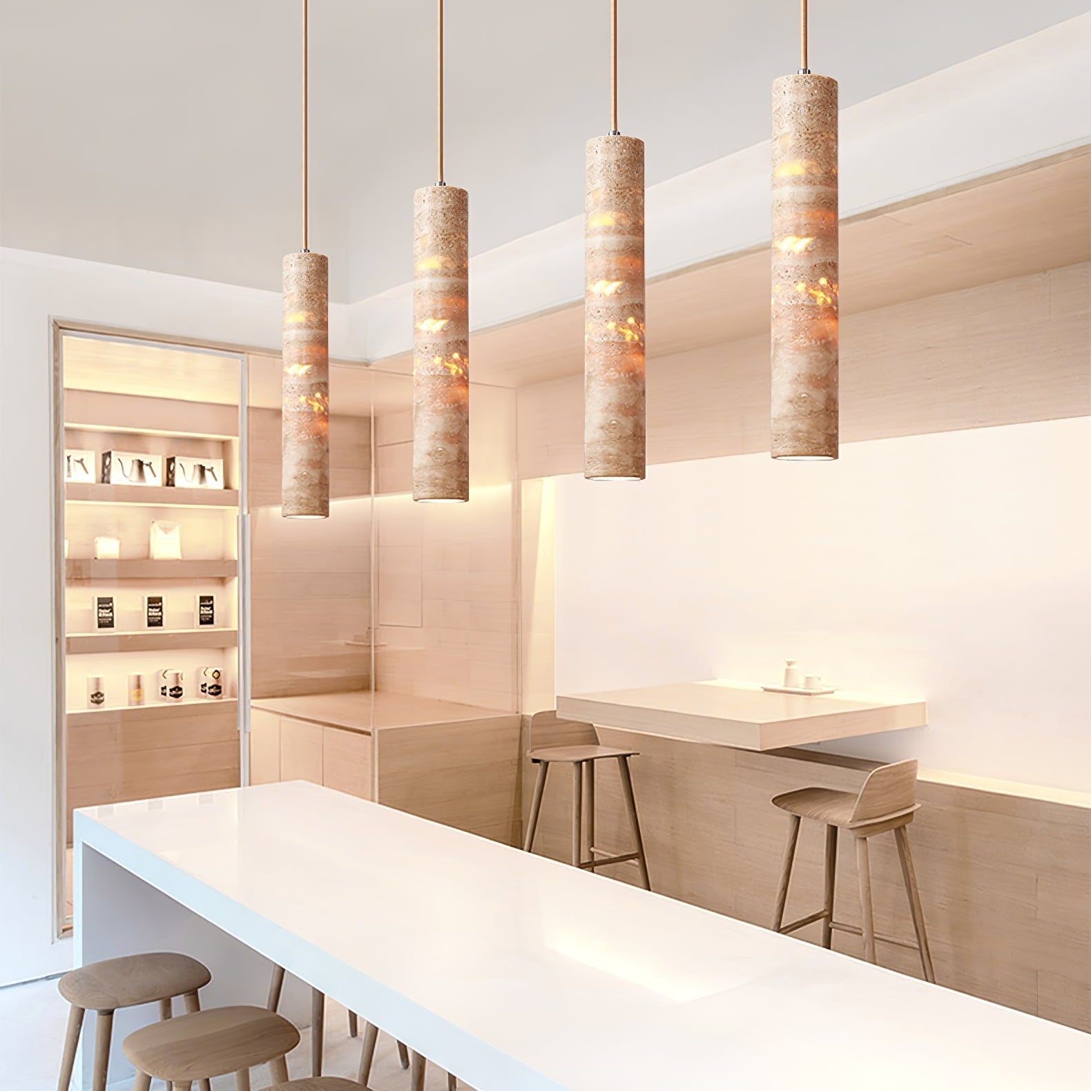 Pendant Light Travertine Cylinder 6.0 cm Beige Dining Table Kitchen Island Hanging Ceiling Lamp Adjustable E27 Natural Stone | Thomler