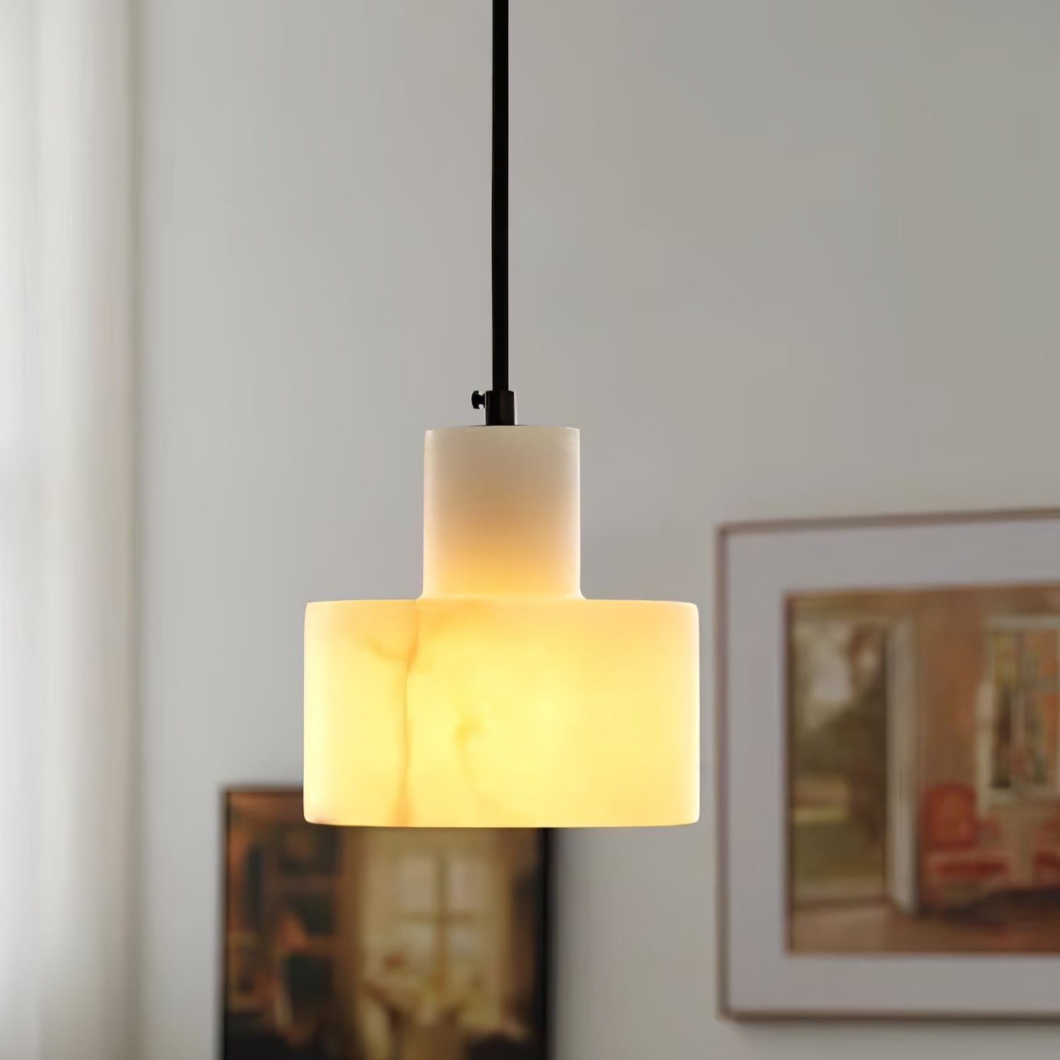 Pendant Light Alabaster 6.5 in Cylinder White Kitchen Island Dining Room Adjustable Hanging Ceiling Lamp | Thomler