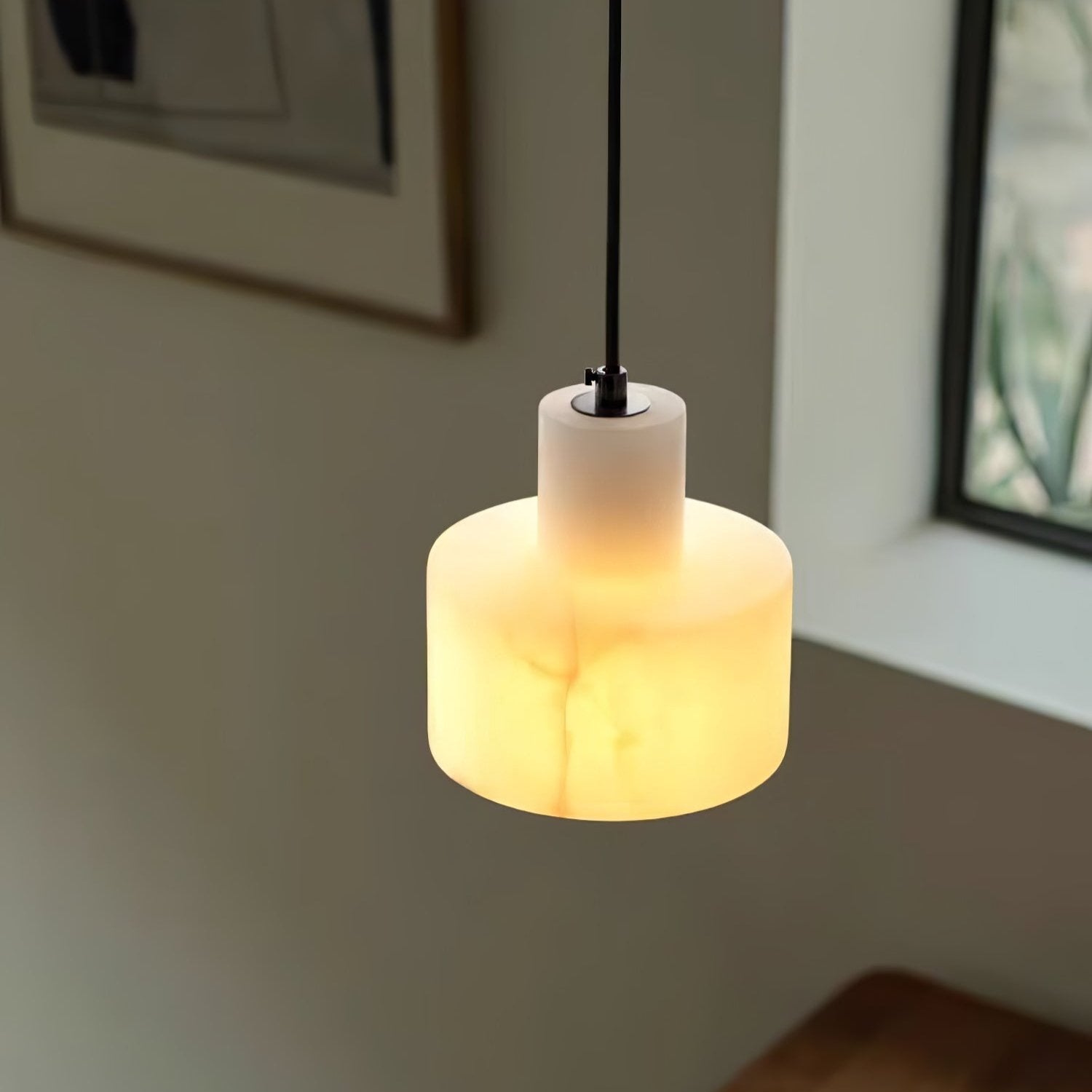 Pendant Light Alabaster 6.5 in Cylinder White Kitchen Island Dining Room Adjustable Hanging Ceiling Lamp | Thomler
