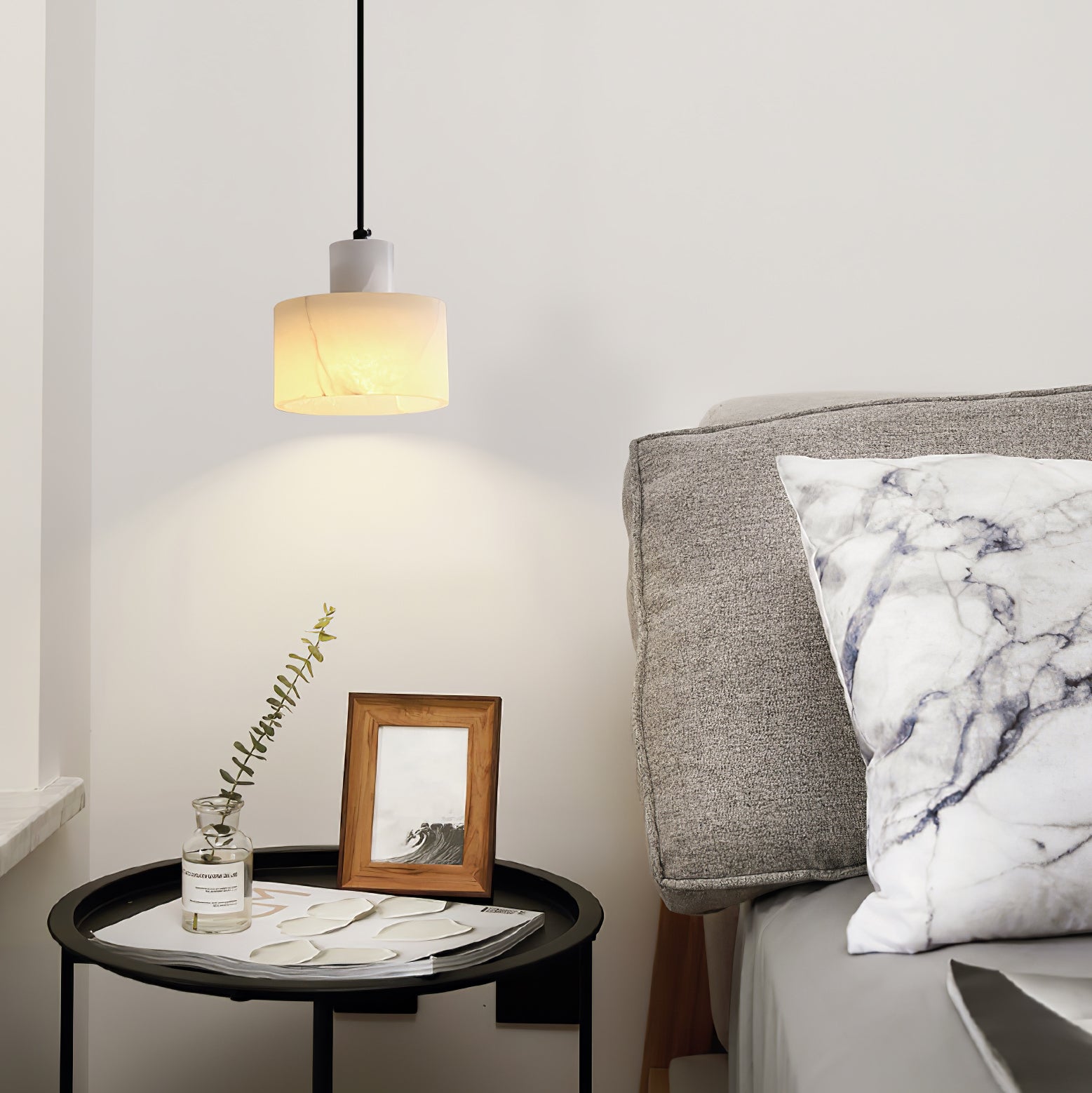 Pendant Light Alabaster 6.5 in Cylinder White Kitchen Island Dining Room Adjustable Hanging Ceiling Lamp | Thomler