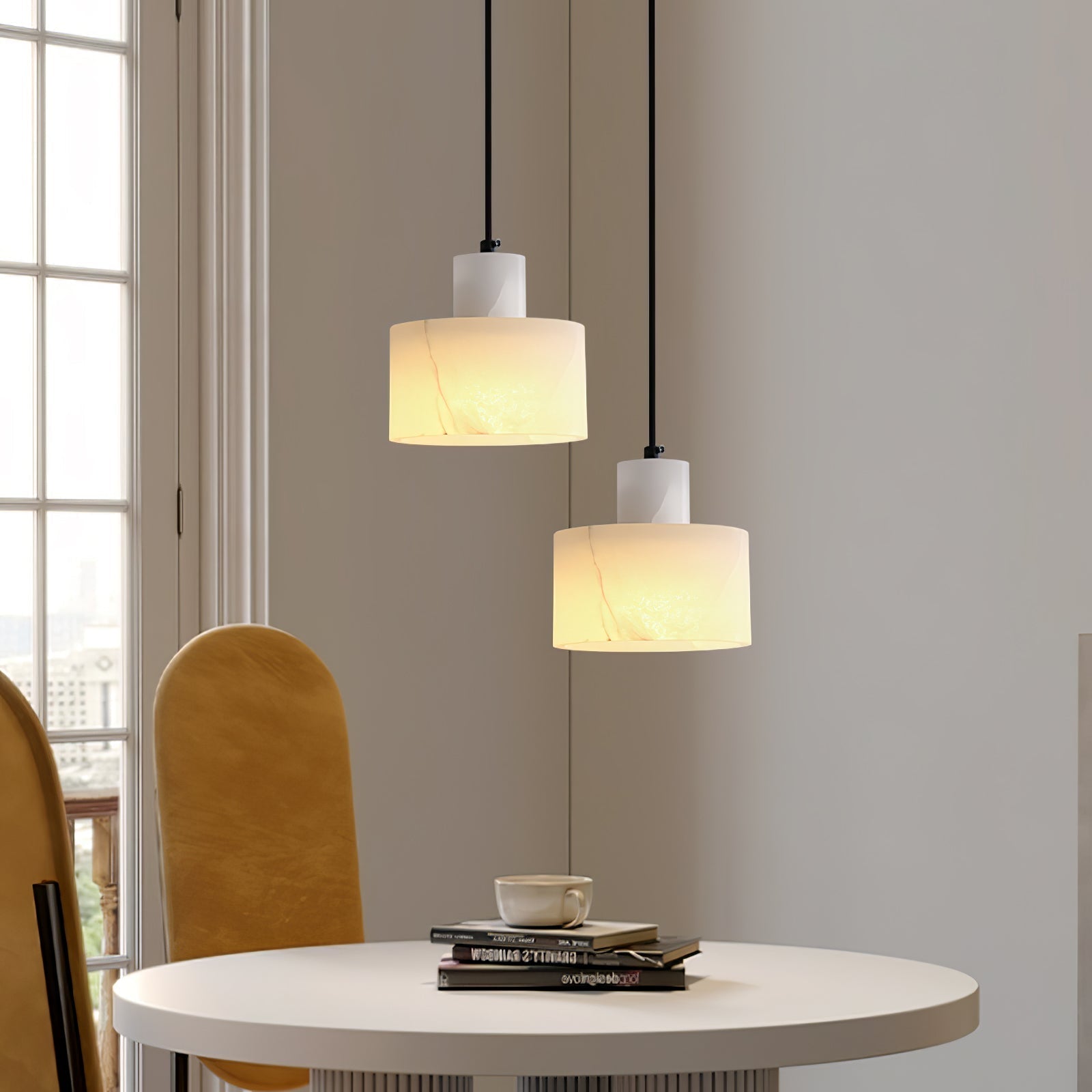 Pendant Light Alabaster 6.5 in Cylinder White Kitchen Island Dining Room Adjustable Hanging Ceiling Lamp | Thomler