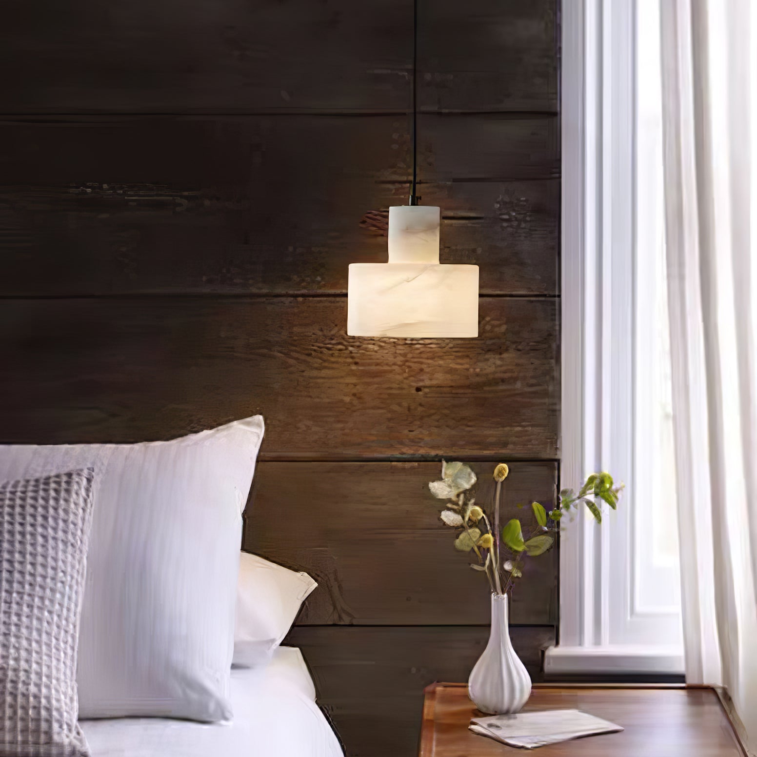 Pendant Light Alabaster 6.5 in Cylinder White Kitchen Island Dining Room Adjustable Hanging Ceiling Lamp | Thomler