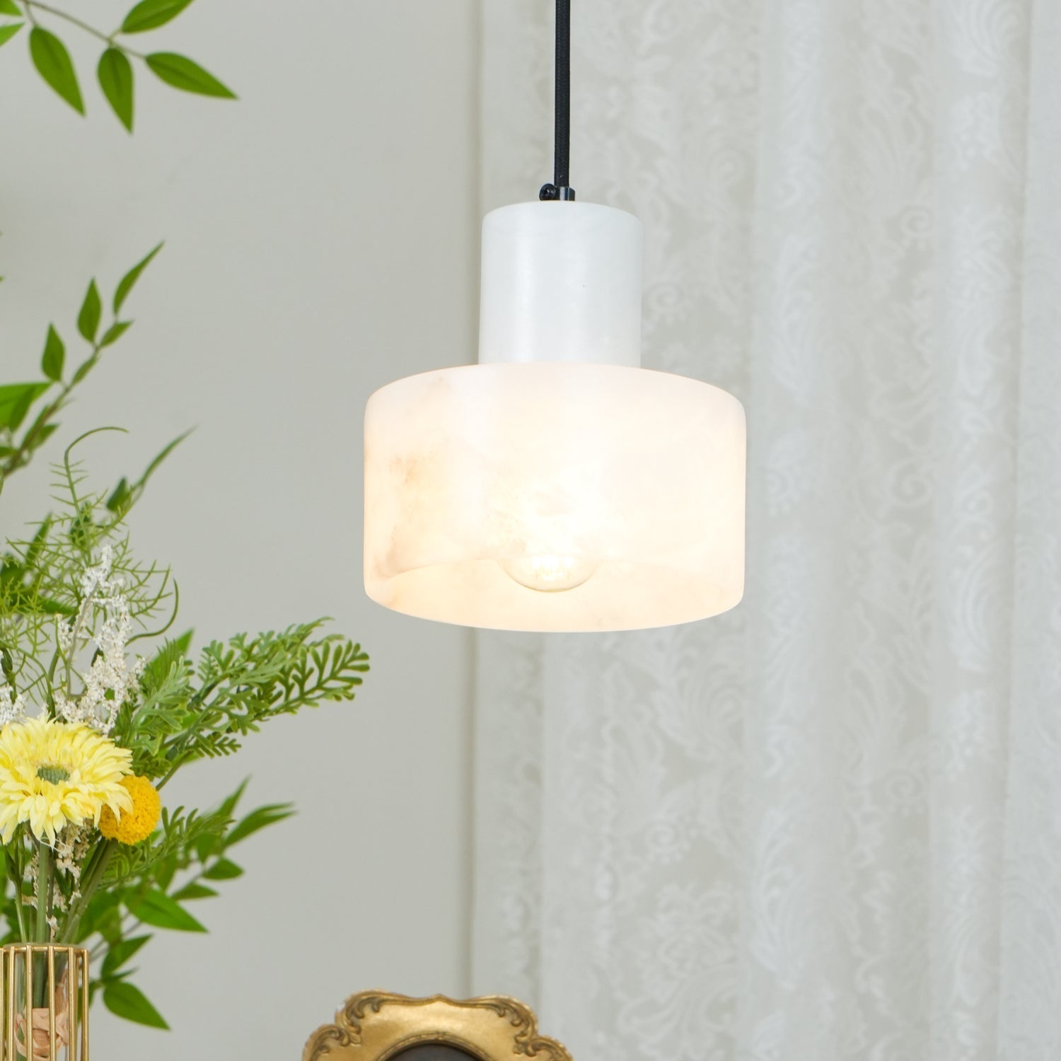 Pendant Light Alabaster 6.5 in Cylinder White Kitchen Island Dining Room Adjustable Hanging Ceiling Lamp | Thomler