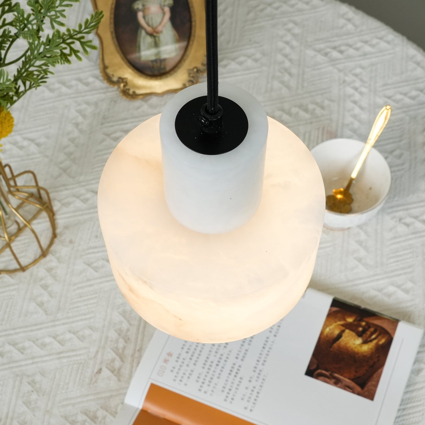 Pendant Light Alabaster 6.5 in Cylinder White Kitchen Island Dining Room Adjustable Hanging Ceiling Lamp | Thomler
