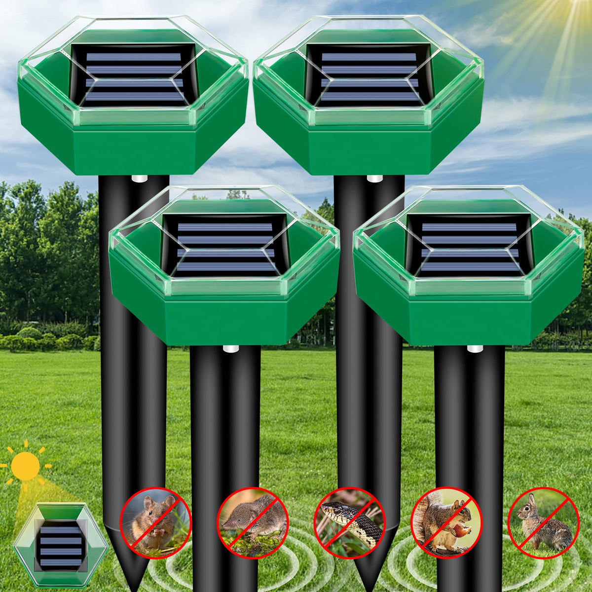 Solar Ultrasonic Pest Repeller Stake 4-Pack for Yard – Drives Away Burrowing Animals with Sonic Pulses – Waterproof Garden Defense for | Thomler