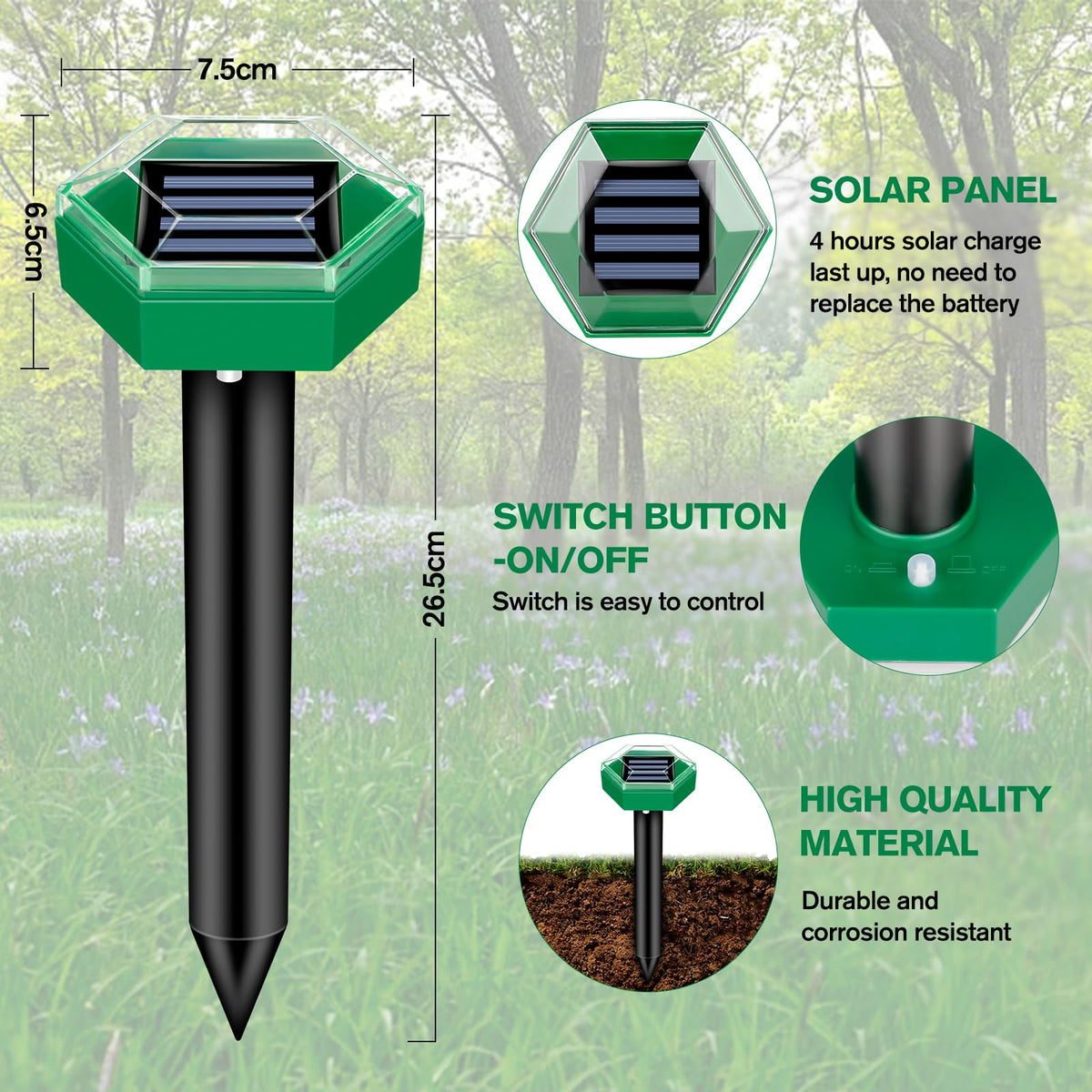 Solar Ultrasonic Pest Repeller Stake 4-Pack for Yard – Drives Away Burrowing Animals with Sonic Pulses – Waterproof Garden Defense for | Thomler