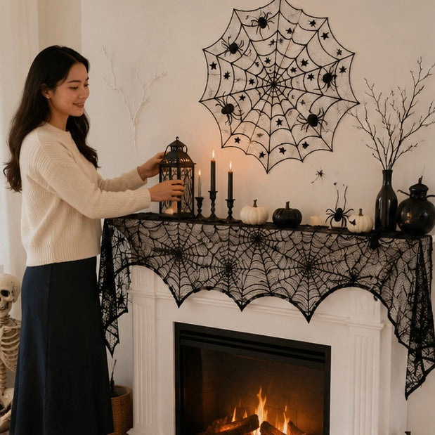 Black Web-Pattern Overlay Runner for Mantle & Table – October Décor Accent | Thomler