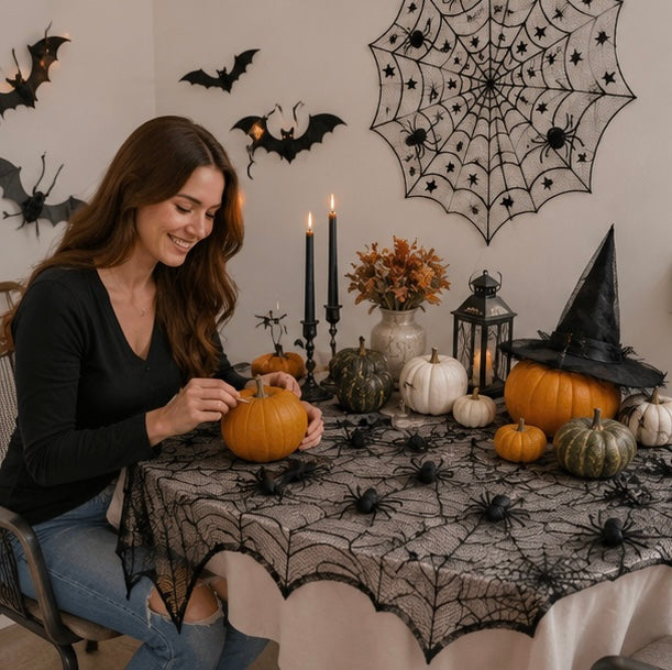 Black Web-Pattern Overlay Runner for Mantle & Table – October Décor Accent | Thomler