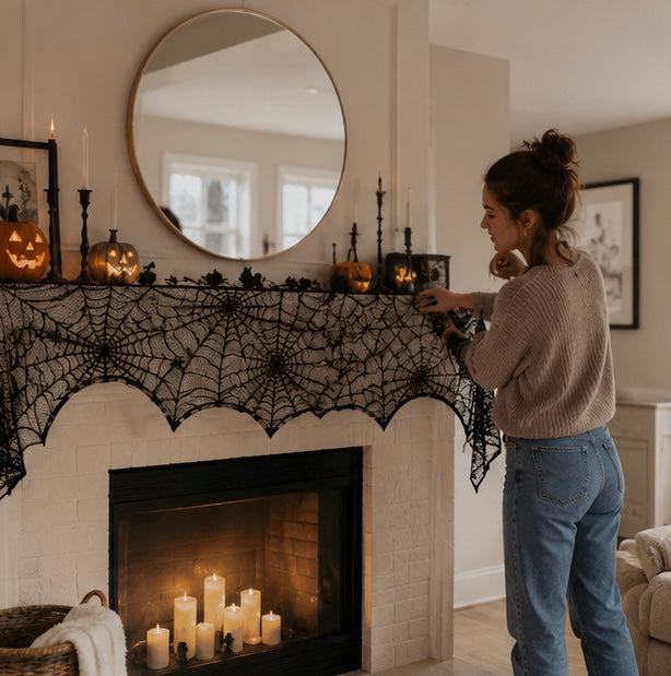 Black Web-Pattern Overlay Runner for Mantle & Table – October Décor Accent | Thomler