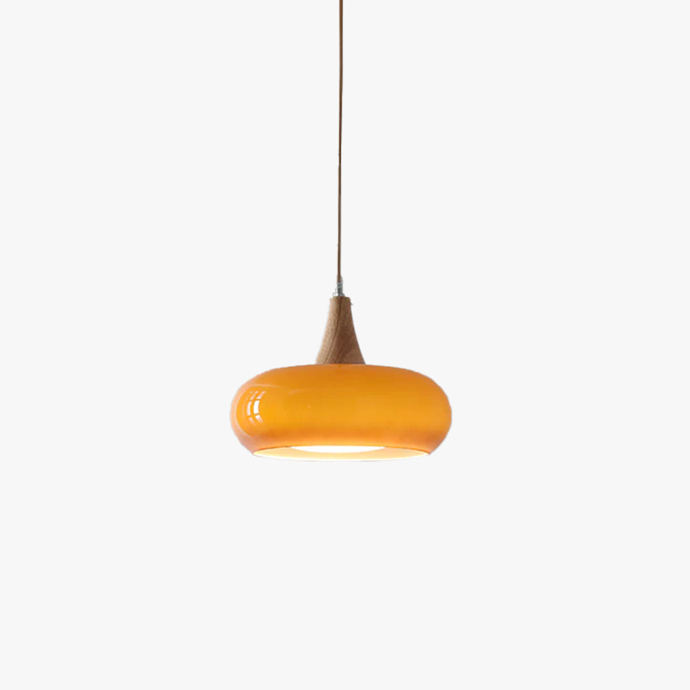Glass Pendant Light with Wood Canopy & Metal Accents for Kitchen Dining Room Bedroom | Warm Ambient Hanging Ceiling Fixture E26 E27 | Thomler