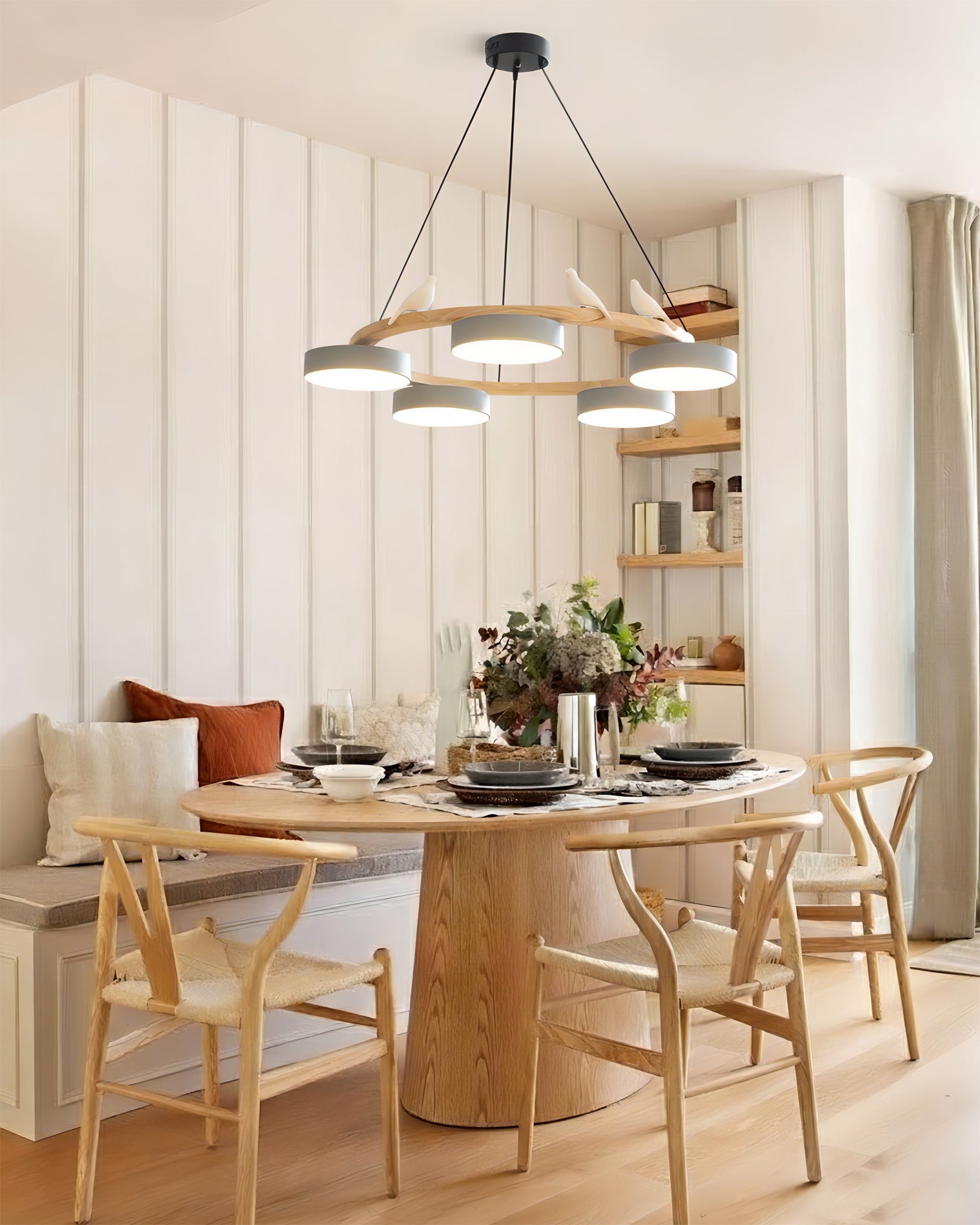 Chandelier Wood Round 25.6 in 4-Light Adjustable Indoor Ceiling Fixture Modern Dining Room Living Room Lighting | Thomler