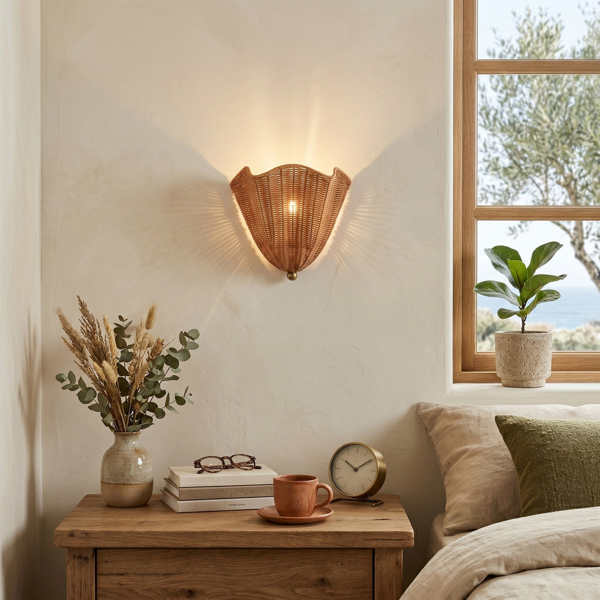 Woven Wicker Hemisphere Wall Fixture – Boho Farmhouse Sconce for Bedroom, Hallway & Living Room | Thomler