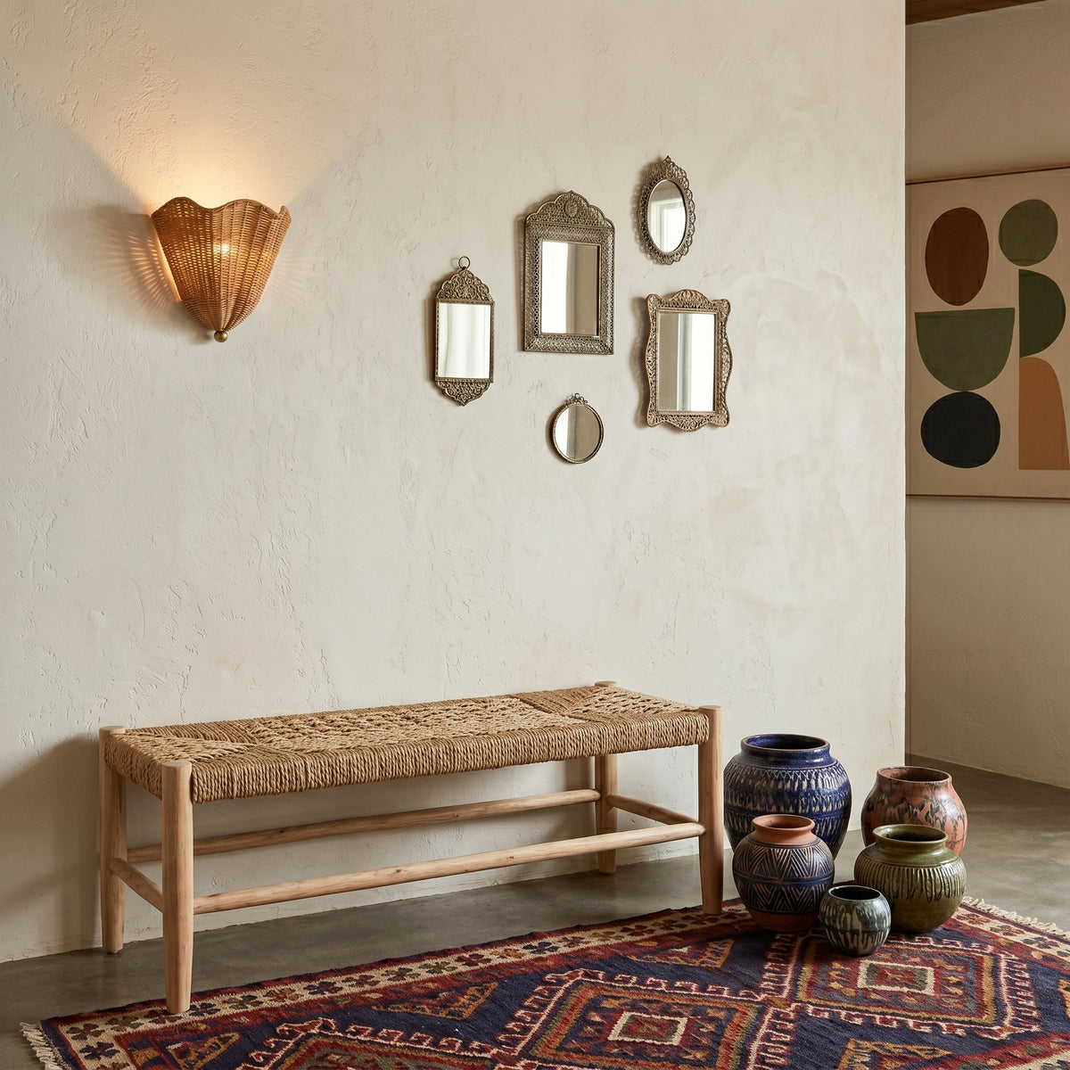 Woven Wicker Hemisphere Wall Fixture – Boho Farmhouse Sconce for Bedroom, Hallway & Living Room | Thomler