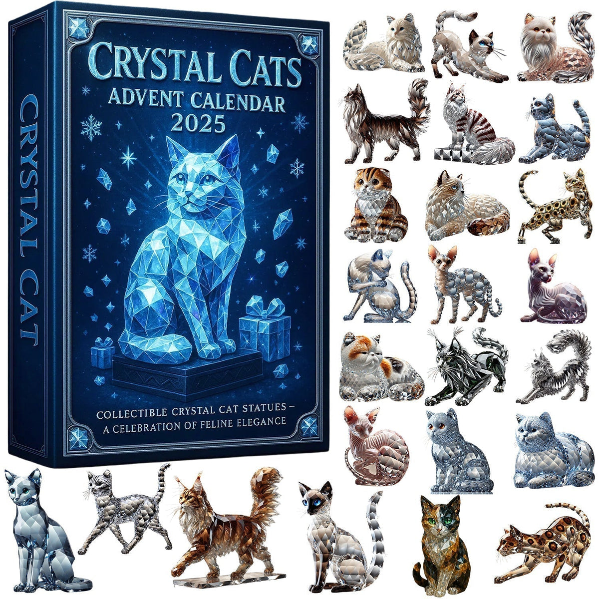 Holiday Countdown Crystal Cat Figurine Calendar 24-Day Advent Set for Cat Lovers & Collectors | Thomler