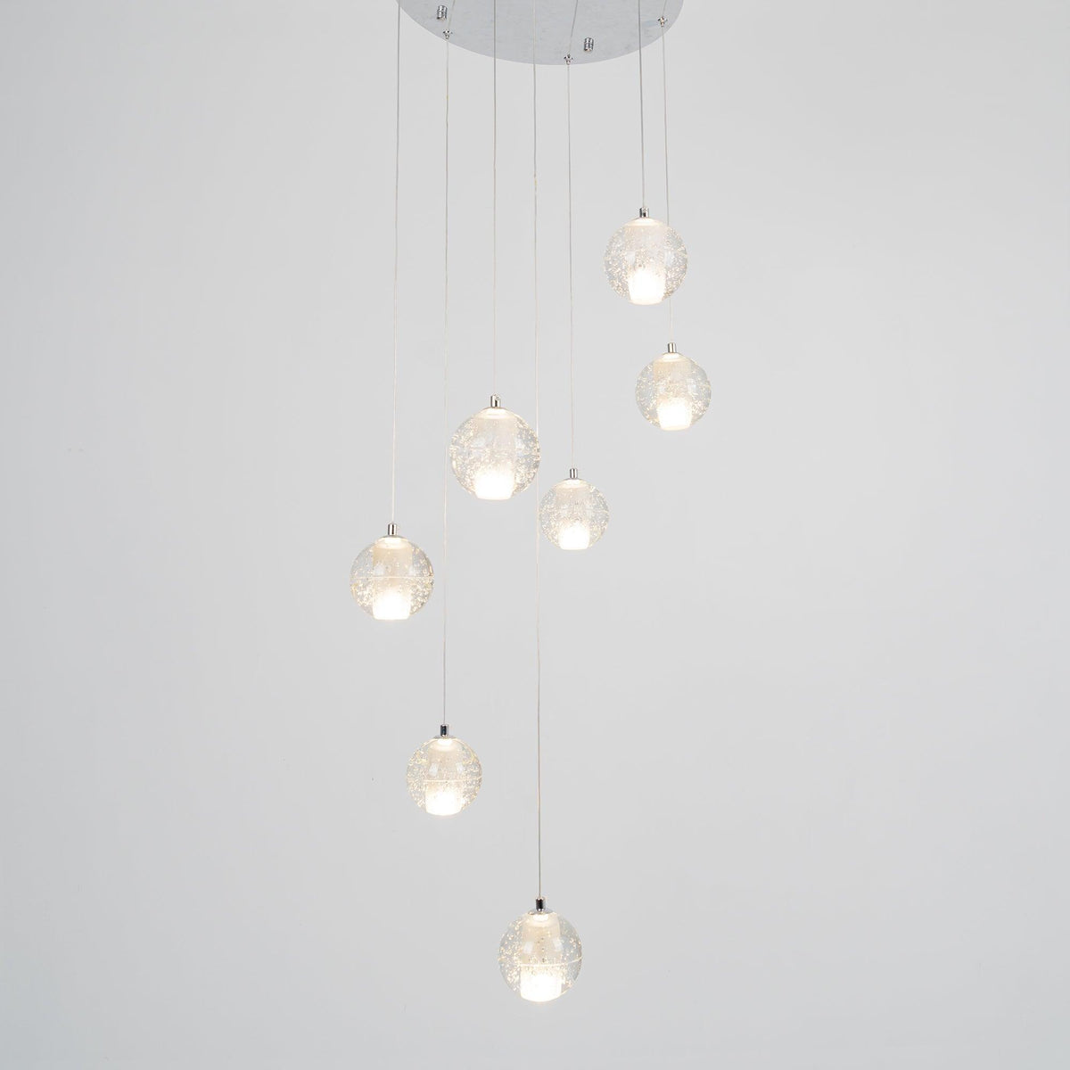 Spherical Glass Globe Multi-Drop Hanging Fixture – Adjustable Stairwell & Entryway Chandelier with Chrome Hardware | Thomler
