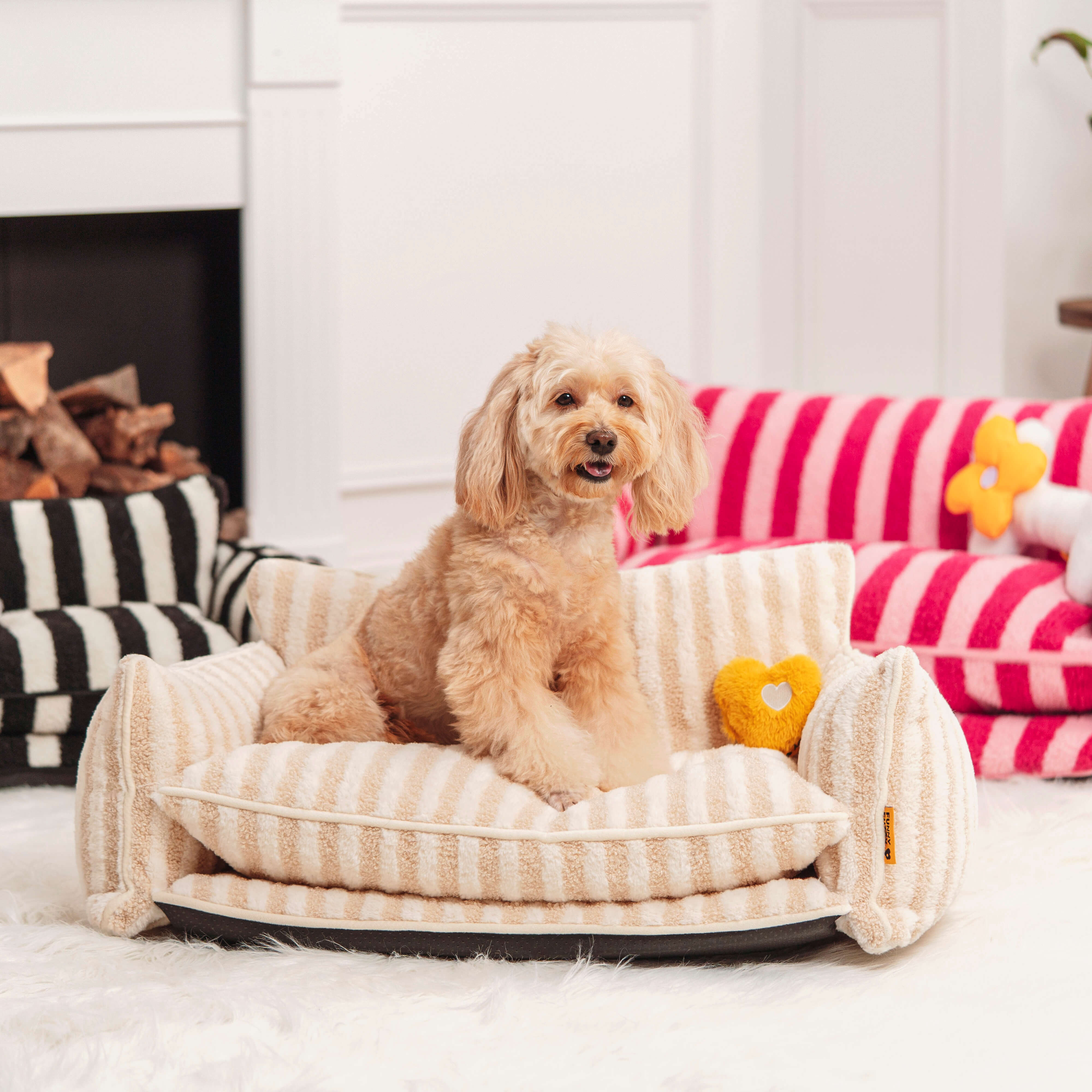 Plush Pet Couch with Washable Cover - Dual-Layer Cushioned Lounger for Dogs & Cats - Striped Fleece Nap Spot | Thomler