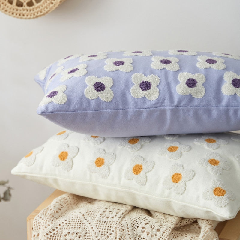 Cushion Cover Cotton Embroidered Daisy 45.0 x 45.0 cm Lavender Ivory Bedroom Sofa Decorative Pillow Case | Thomler
