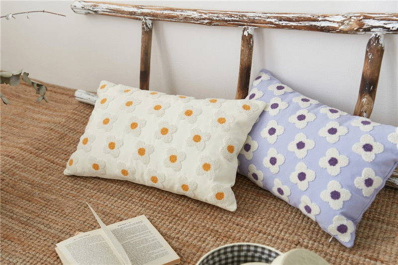 Cushion Cover Cotton Embroidered Daisy 45.0 x 45.0 cm Lavender Ivory Bedroom Sofa Decorative Pillow Case | Thomler