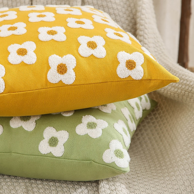 Cushion Cover Cotton Embroidered Daisy 45.0 x 45.0 cm Lavender Ivory Bedroom Sofa Decorative Pillow Case | Thomler