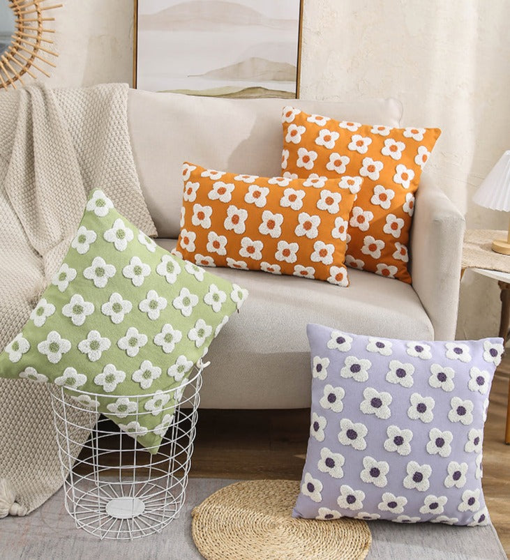 Cushion Cover Cotton Embroidered Daisy 45.0 x 45.0 cm Lavender Ivory Bedroom Sofa Decorative Pillow Case | Thomler