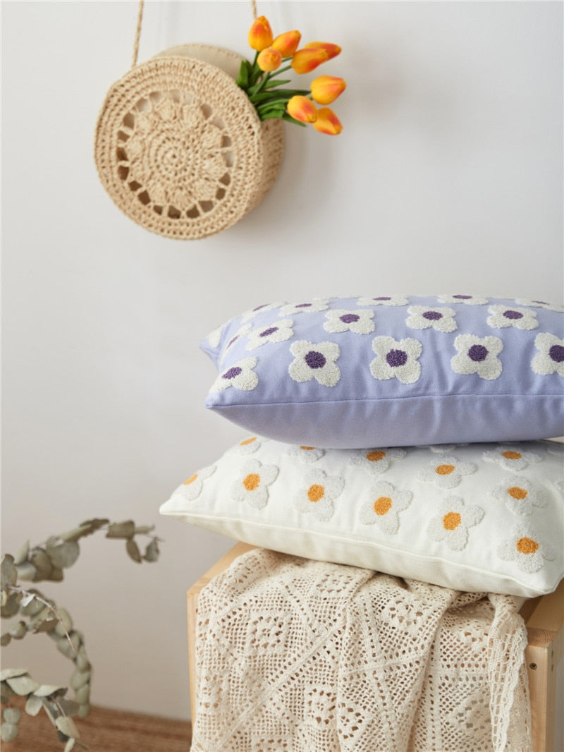 Cushion Cover Cotton Embroidered Daisy 45.0 x 45.0 cm Lavender Ivory Bedroom Sofa Decorative Pillow Case | Thomler