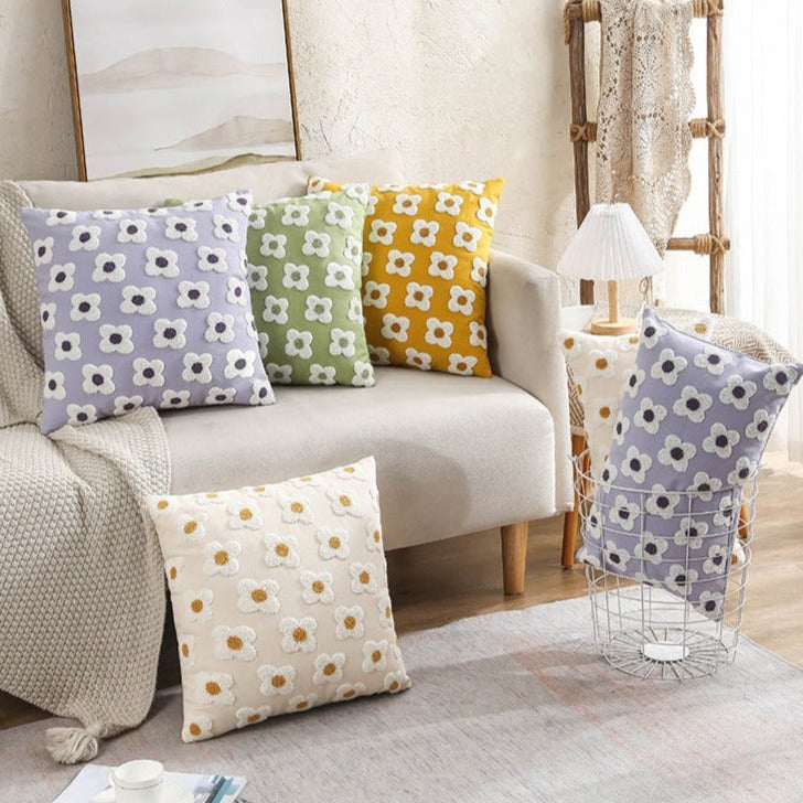 Cushion Cover Cotton Embroidered Daisy 45.0 x 45.0 cm Lavender Ivory Bedroom Sofa Decorative Pillow Case | Thomler