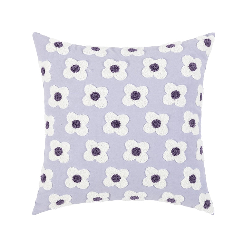 Cushion Cover Cotton Embroidered Daisy 45.0 x 45.0 cm Lavender Ivory Bedroom Sofa Decorative Pillow Case | Thomler