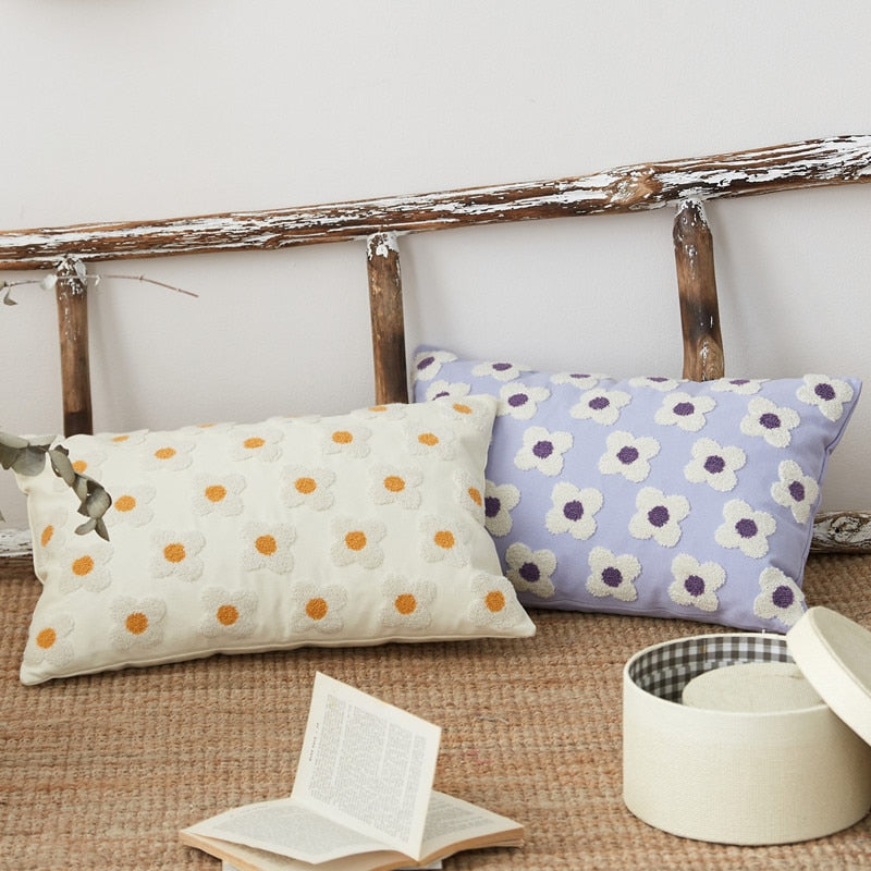 Cushion Cover Cotton Embroidered Daisy 45.0 x 45.0 cm Lavender Ivory Bedroom Sofa Decorative Pillow Case | Thomler