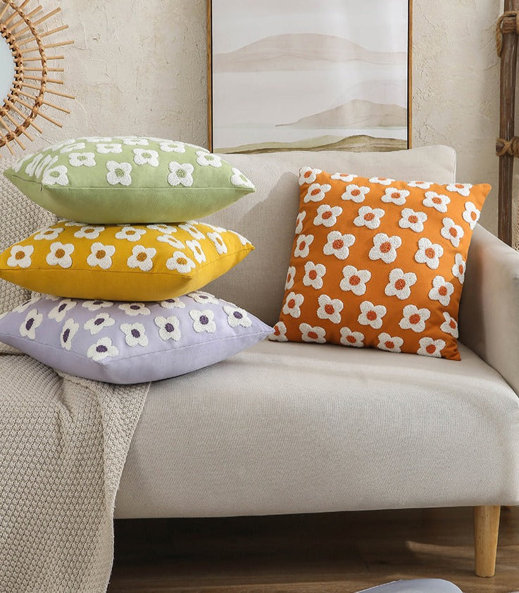 Cushion Cover Cotton Embroidered Daisy 45.0 x 45.0 cm Lavender Ivory Bedroom Sofa Decorative Pillow Case | Thomler
