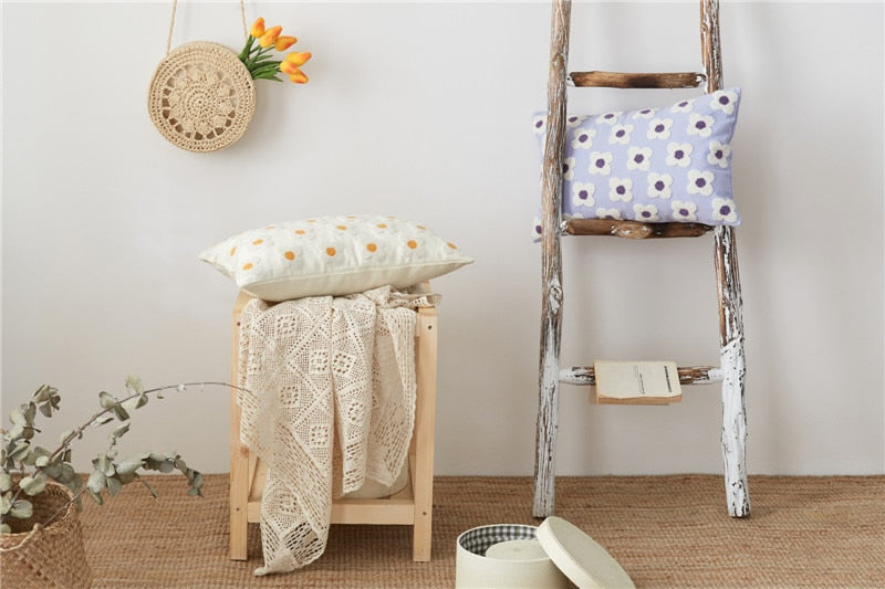 Cushion Cover Cotton Embroidered Daisy 45.0 x 45.0 cm Lavender Ivory Bedroom Sofa Decorative Pillow Case | Thomler