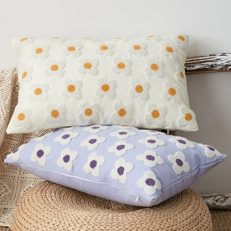 Cushion Cover Cotton Embroidered Daisy 45.0 x 45.0 cm Lavender Ivory Bedroom Sofa Decorative Pillow Case | Thomler