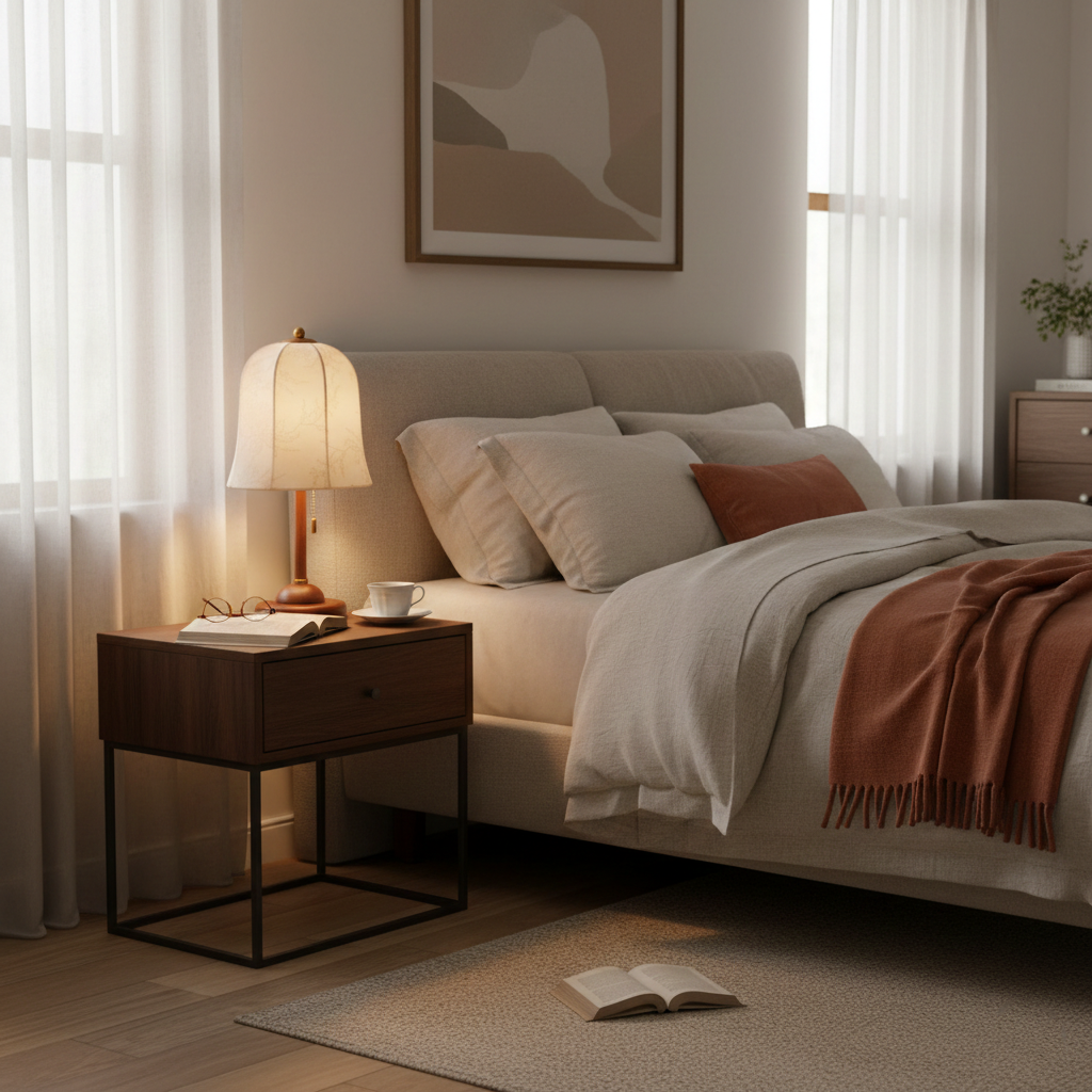 Table Lamp Fabric Shade 8.7 in Copper Walnut Bedroom Nightstand Bedside Reading Light Dimmable Accent Lighting | Thomler