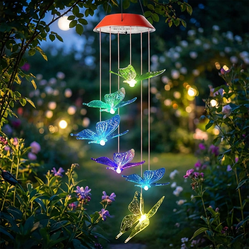 Solar Garden Light Glass Butterfly 7 LED Colour Changing Outdoor Hanging Wind Chime Patio Path Decoration | Thomler