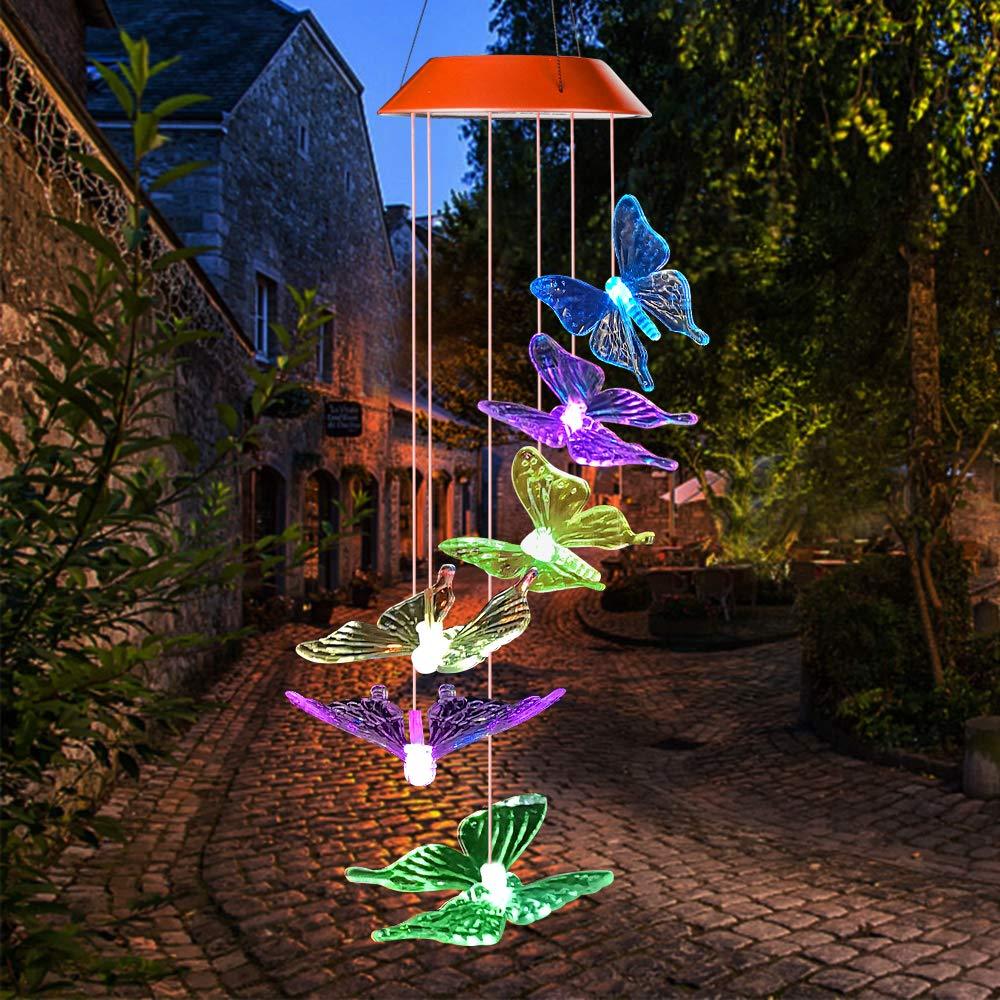Solar Garden Light Glass Butterfly 7 LED Colour Changing Outdoor Hanging Wind Chime Patio Path Decoration | Thomler