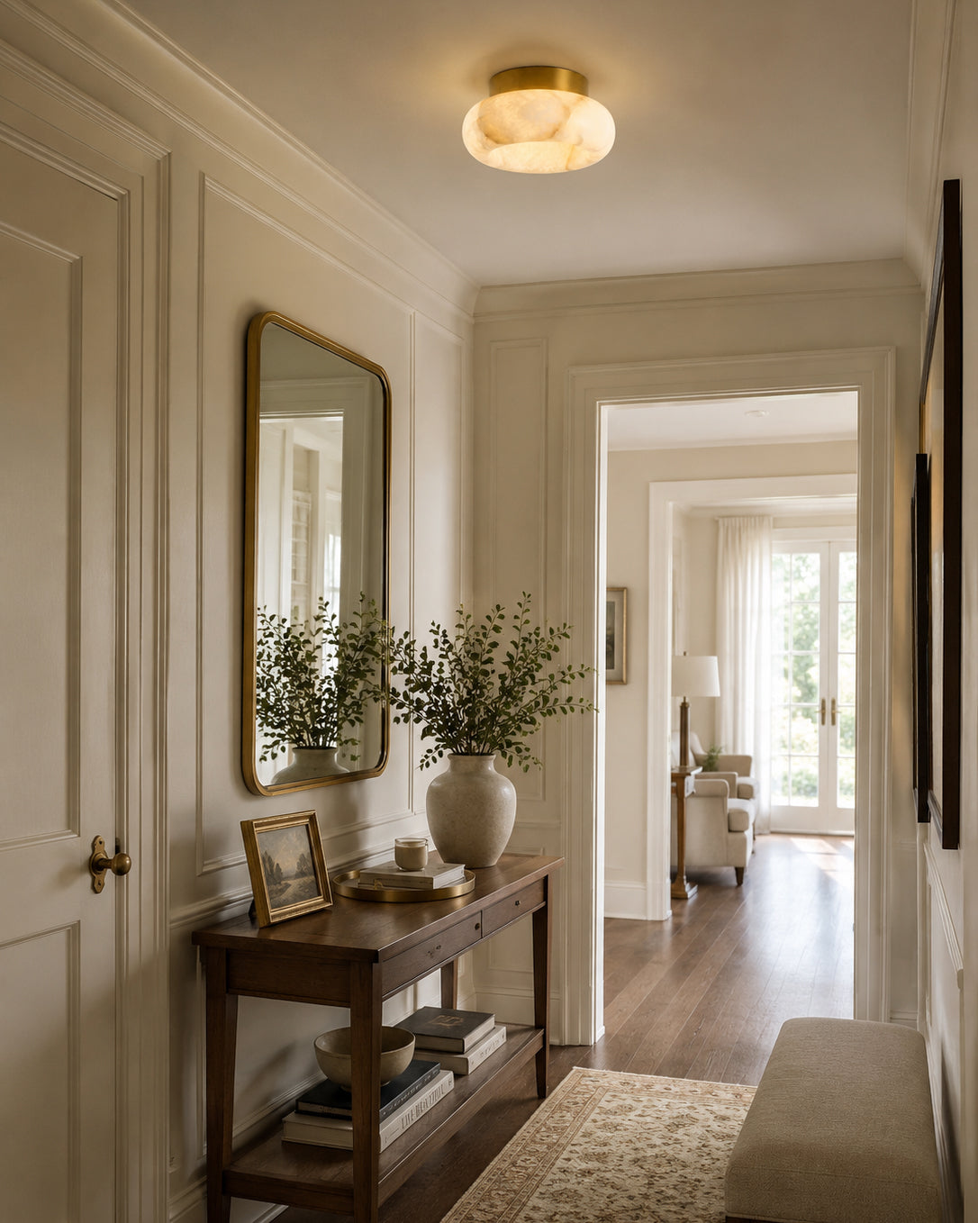 Alabaster LED Ceiling Light – Brass Hardware & Hardwired Flush Mount – 3 Sizes for Every Room | Thomler
