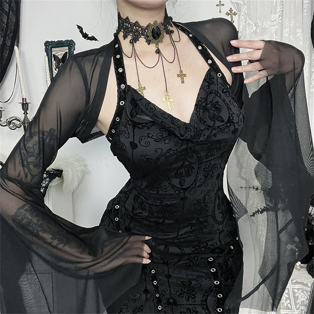 Sheer Mesh Crop Top with Dramatic Sleeves – Semi-Transparent Gothic-Style Blouse for Layering, Party Outfits & Costume Events | Thomler