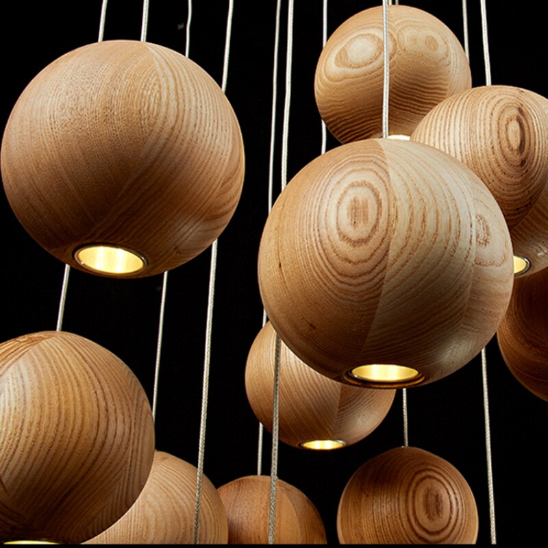 Natural Wood Sphere Pendant Light | Modern Globe Drop Ceiling Lamp for Kitchen Island, Dining Room, Living Room & Restaurant | Adjustable | Thomler