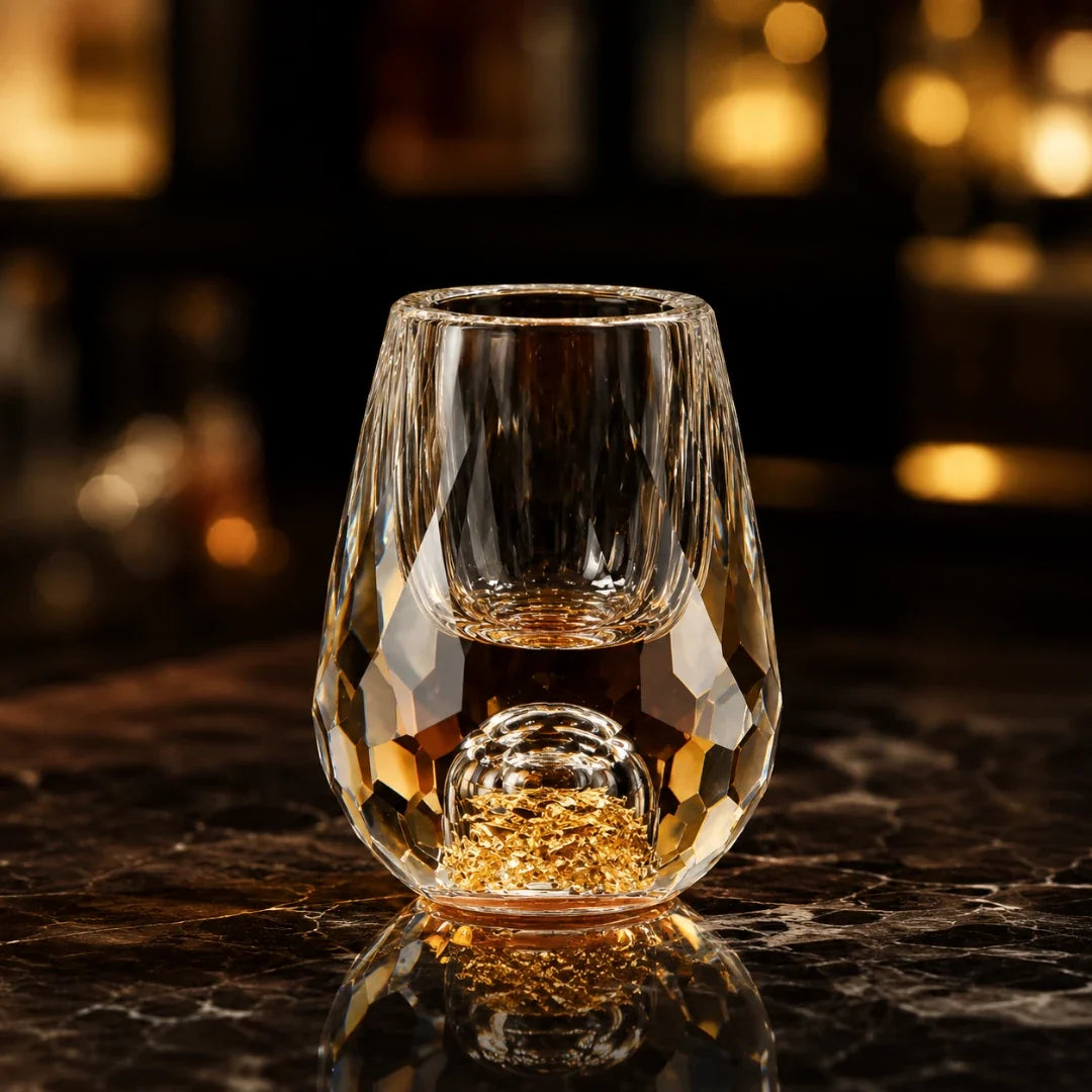 Crystal Spirits Glass with Geometric Cuts and Metallic Base Detail – 0.5 oz Barware for Whiskey, Vodka & Tequila | Thomler