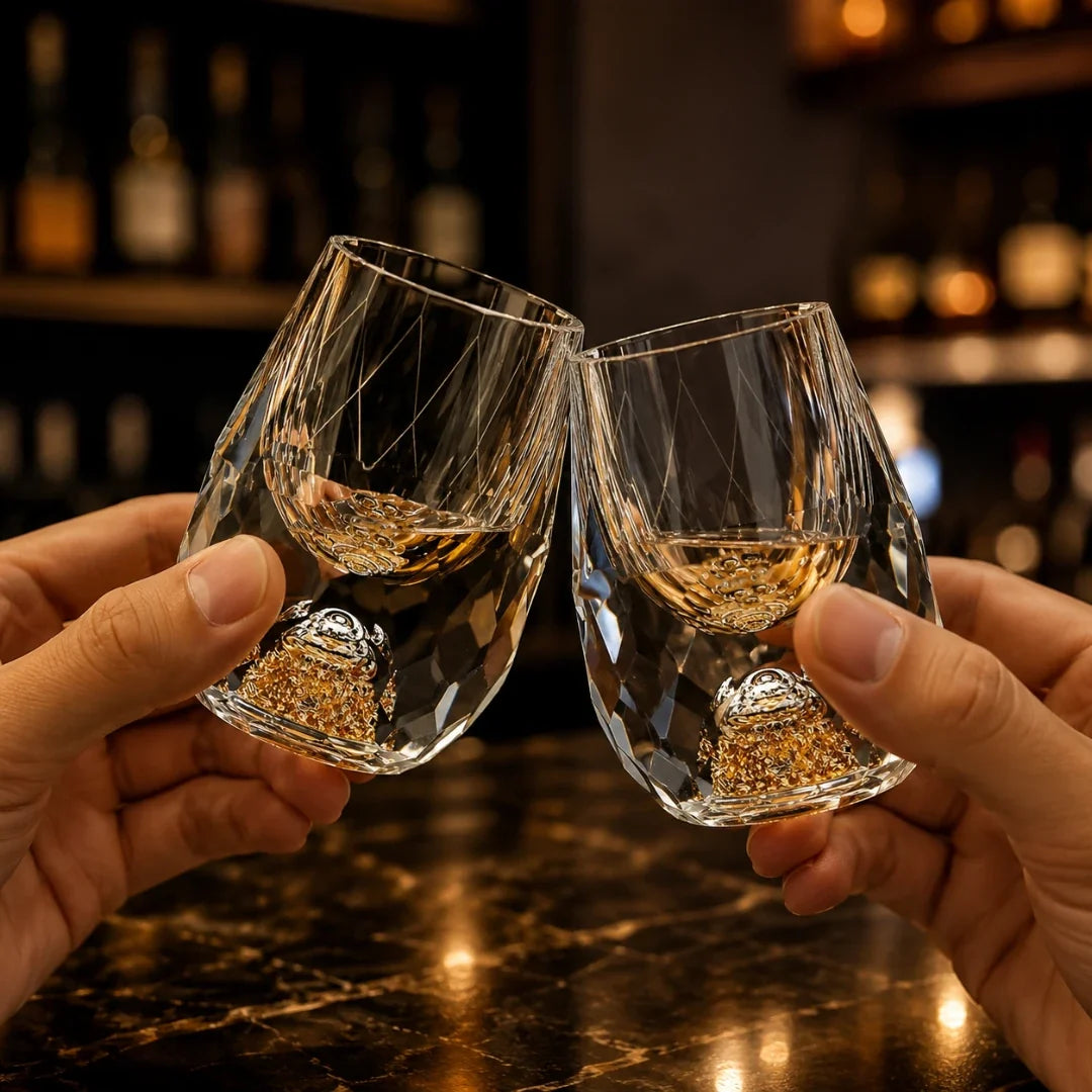 Crystal Spirits Glass with Geometric Cuts and Metallic Base Detail – 0.5 oz Barware for Whiskey, Vodka & Tequila | Thomler