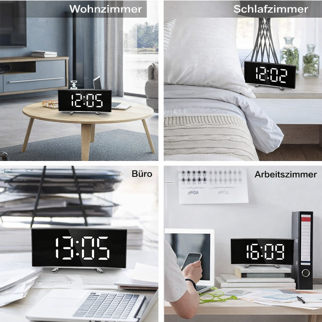 Modern Curved LED Digital Alarm Clock with Auto-Dimming Mirror Display for Bedroom and Office | Thomler