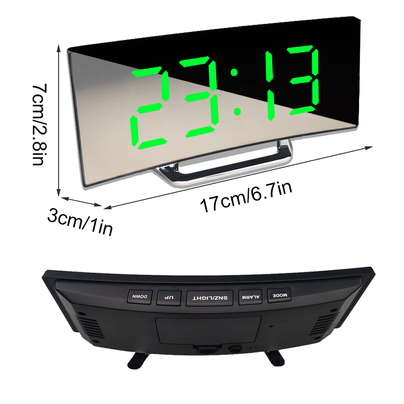 Modern Curved LED Digital Alarm Clock with Auto-Dimming Mirror Display for Bedroom and Office | Thomler