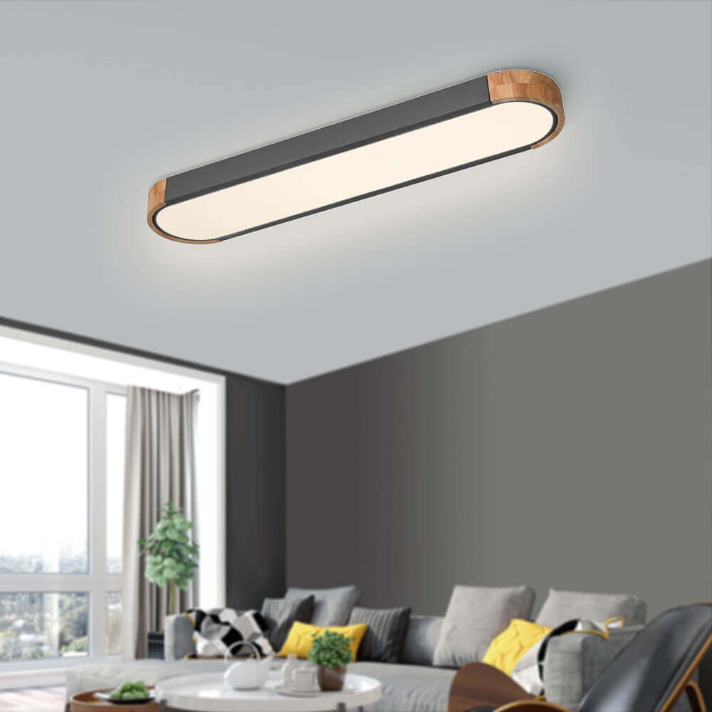 Slim Oval LED Ceiling Light with Wood Accents | Dimmable Flush Mount for Living Room Bedroom | Modern Low Profile Fixture | Hardwired | Thomler