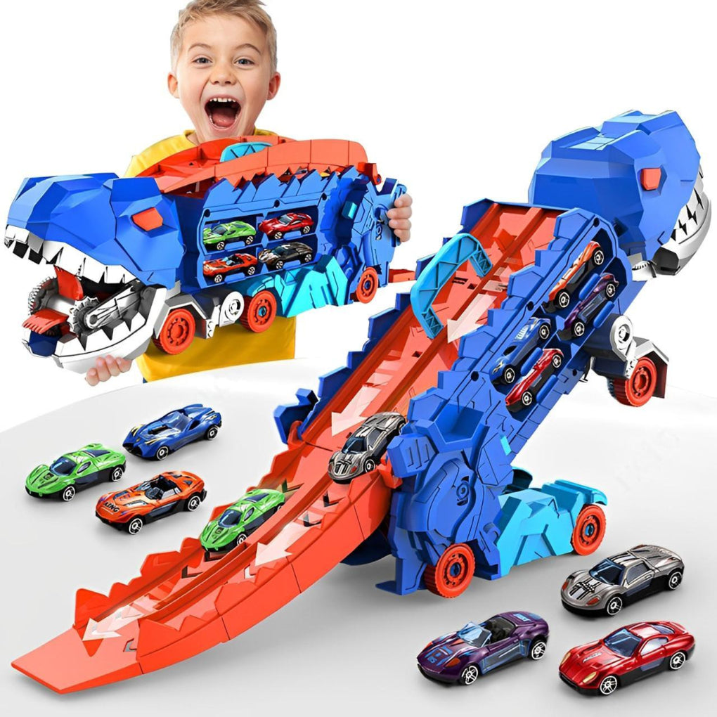 Dinosaur Transport Truck with Transforming T-Rex & Racing Track – Stores 18 Cars, Interactive Vehicle Launcher for Kids 3+ | Thomler