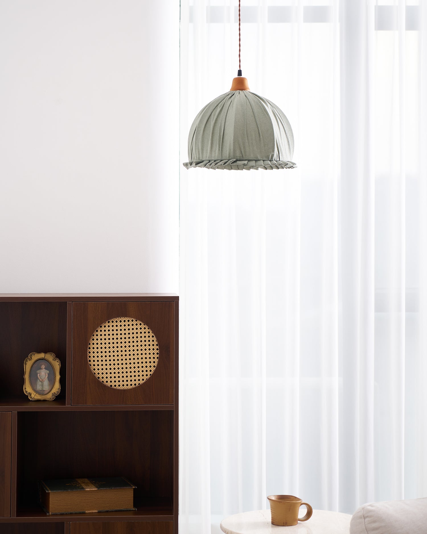 Pendant Lamp Wood Fabric 11.8 in Indoor Ceiling Lighting Beige Walnut Sage Green Modern Decor | Thomler