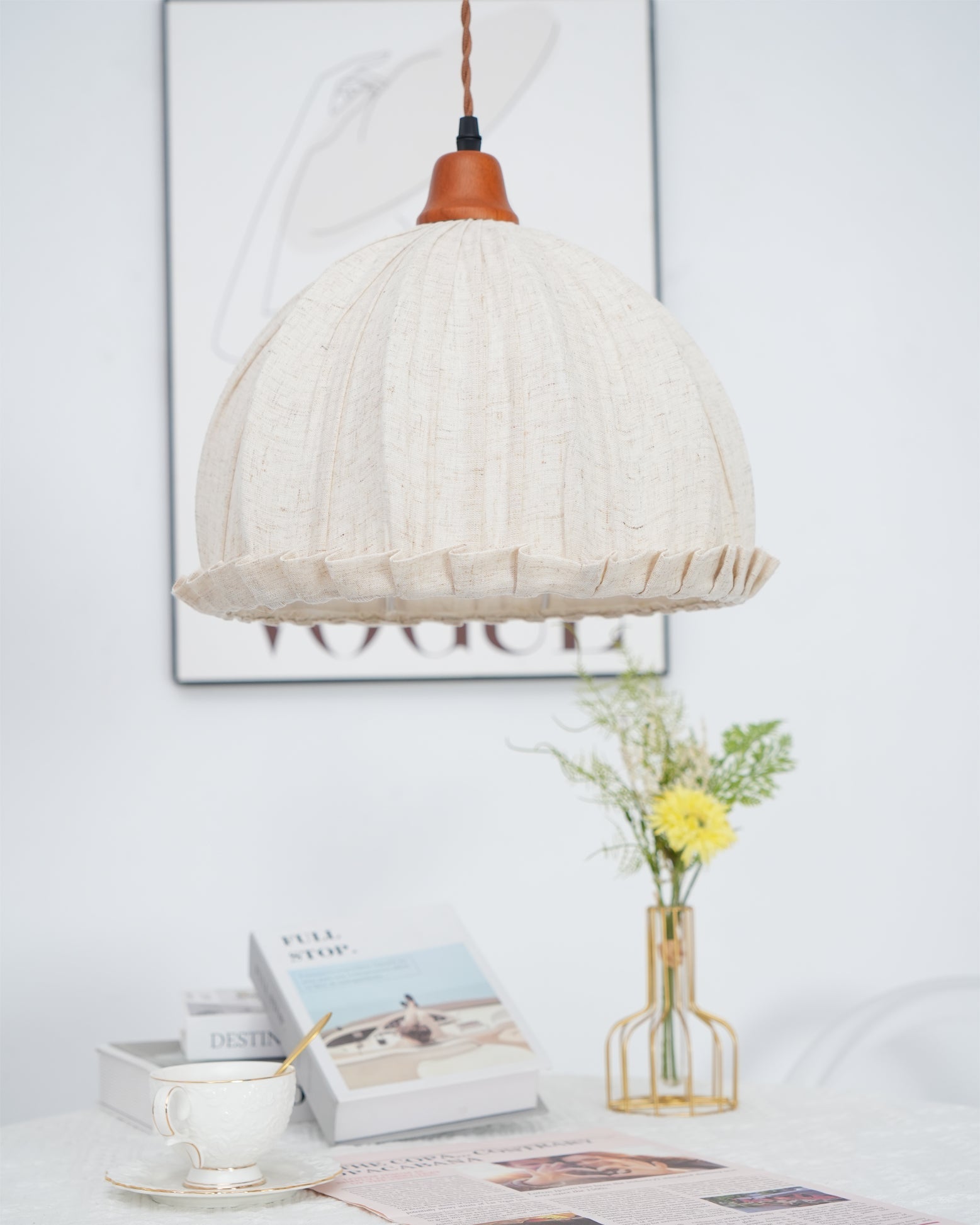 Pendant Lamp Wood Fabric 11.8 in Indoor Ceiling Lighting Beige Walnut Sage Green Modern Decor | Thomler