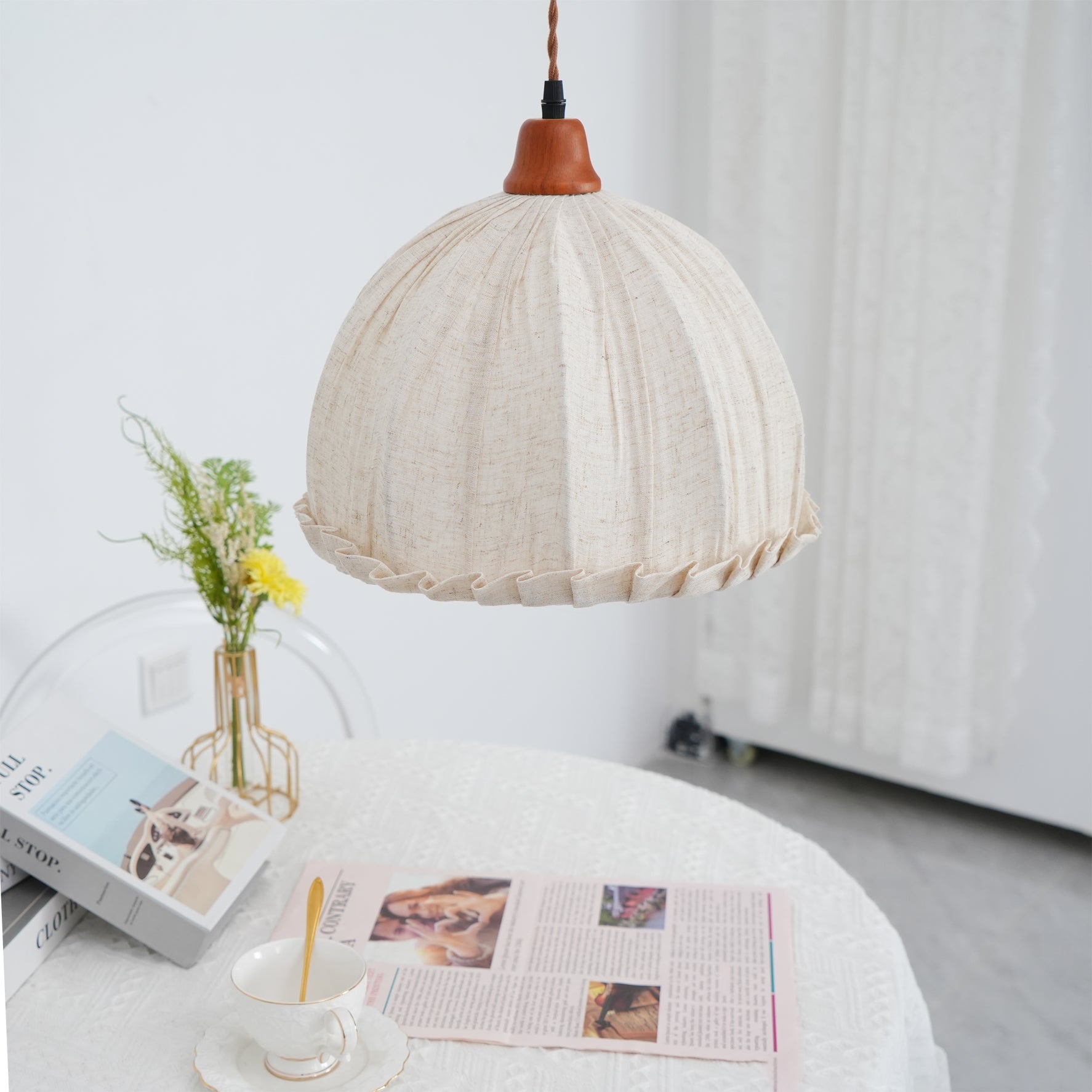 Pendant Lamp Wood Fabric 11.8 in Indoor Ceiling Lighting Beige Walnut Sage Green Modern Decor | Thomler