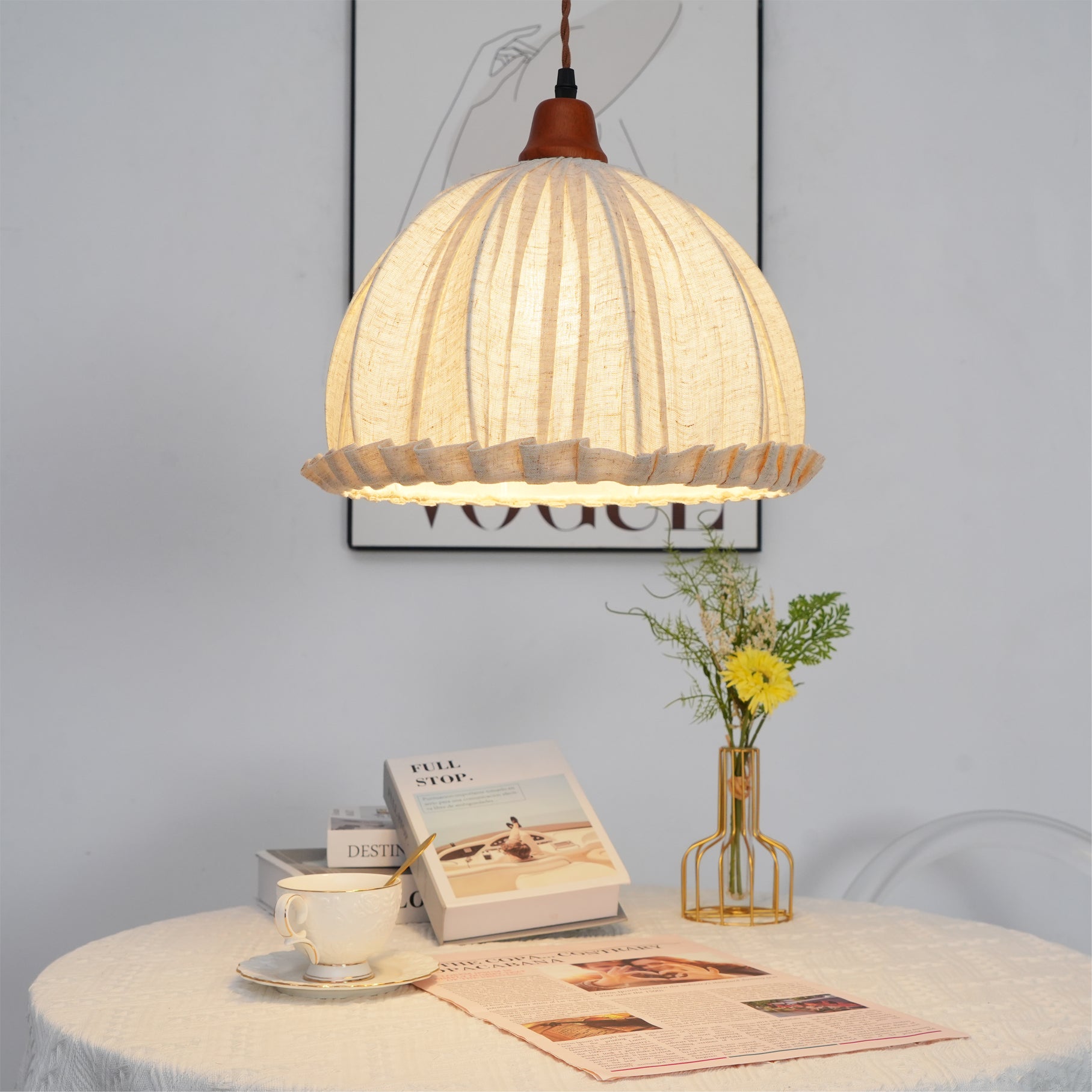 Pendant Lamp Wood Fabric 11.8 in Indoor Ceiling Lighting Beige Walnut Sage Green Modern Decor | Thomler